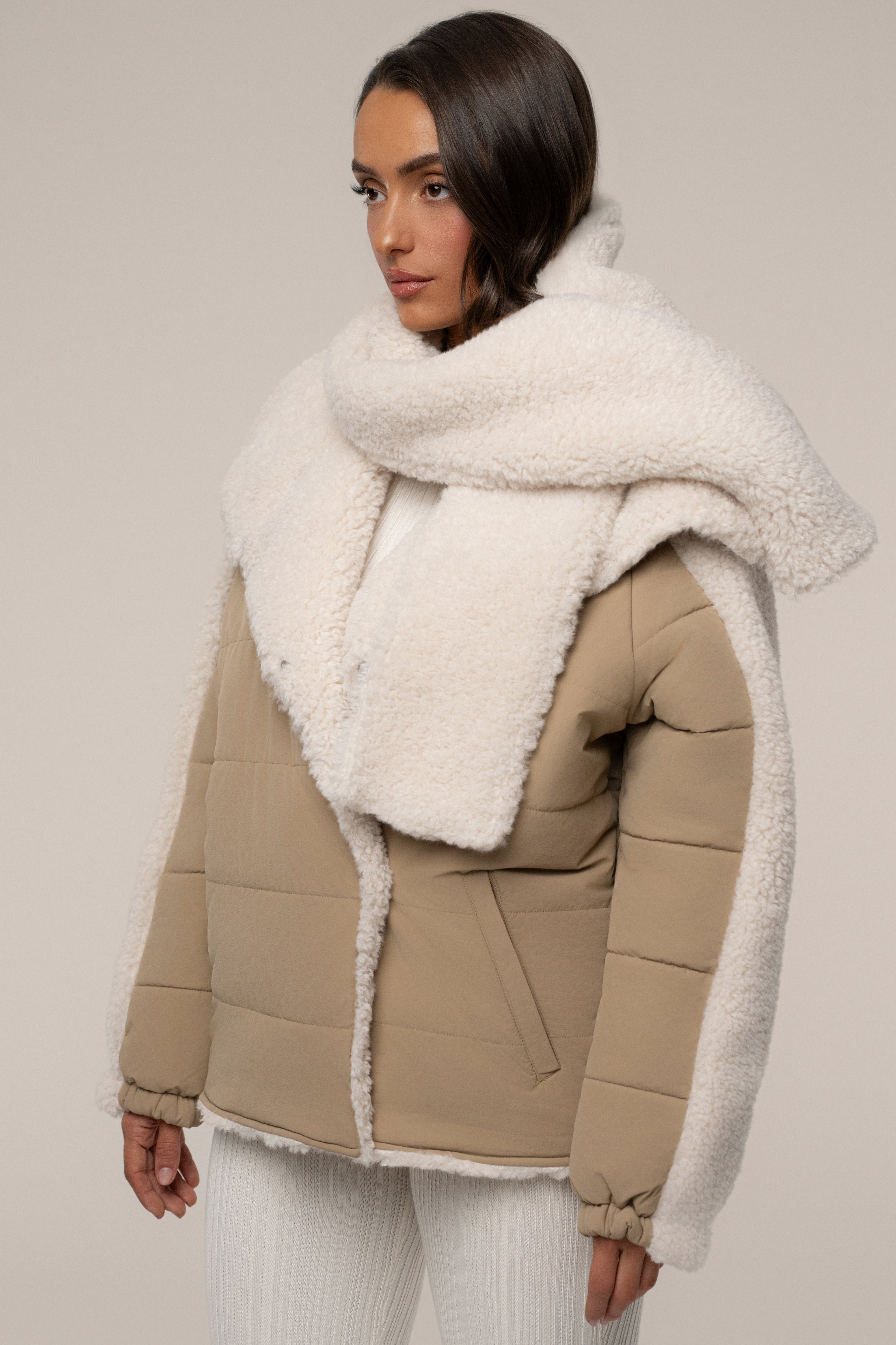 Beige/Ivory Contrast Sherpa Jacket