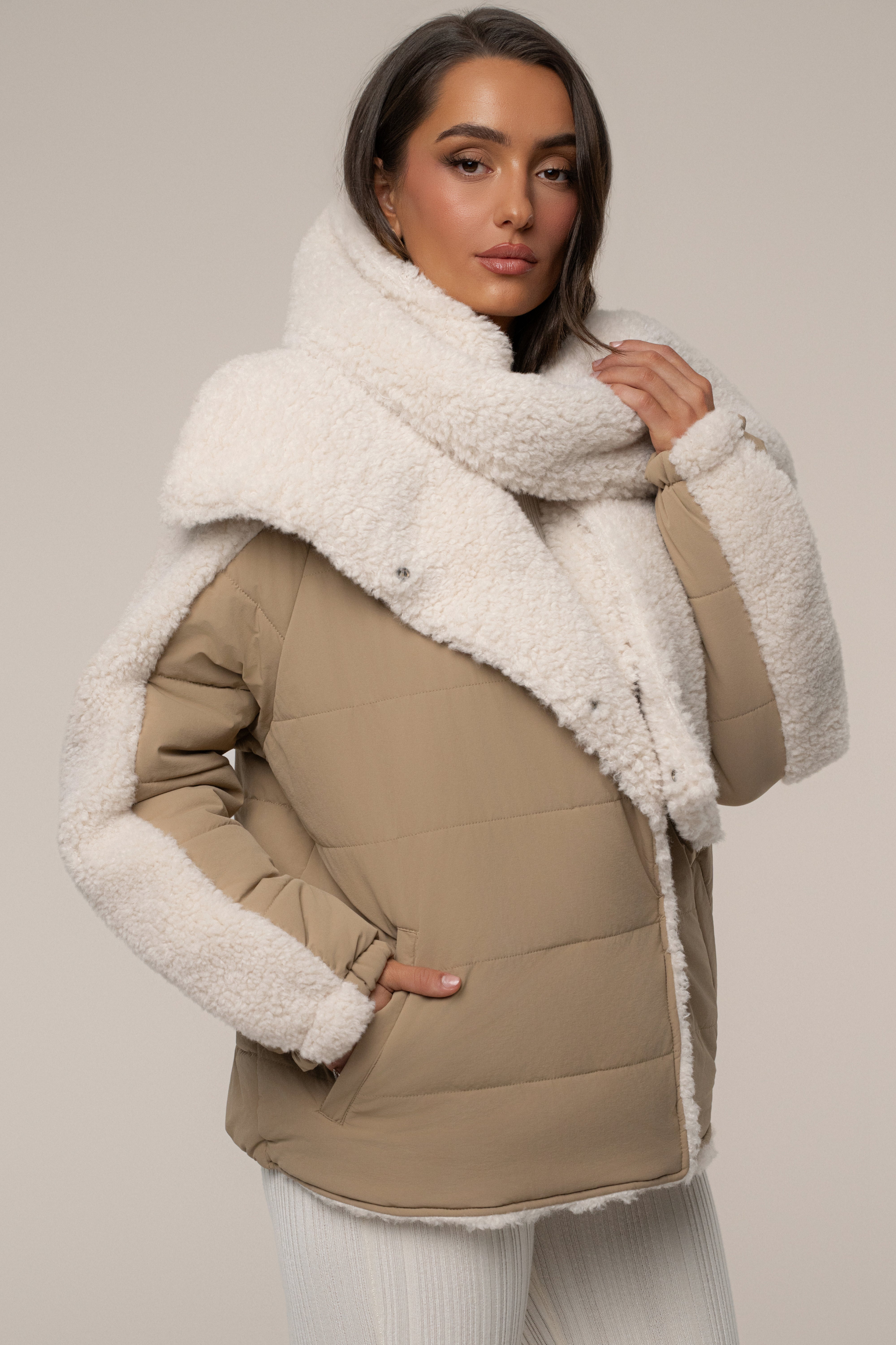 Beige/Ivory Contrast Sherpa Jacket