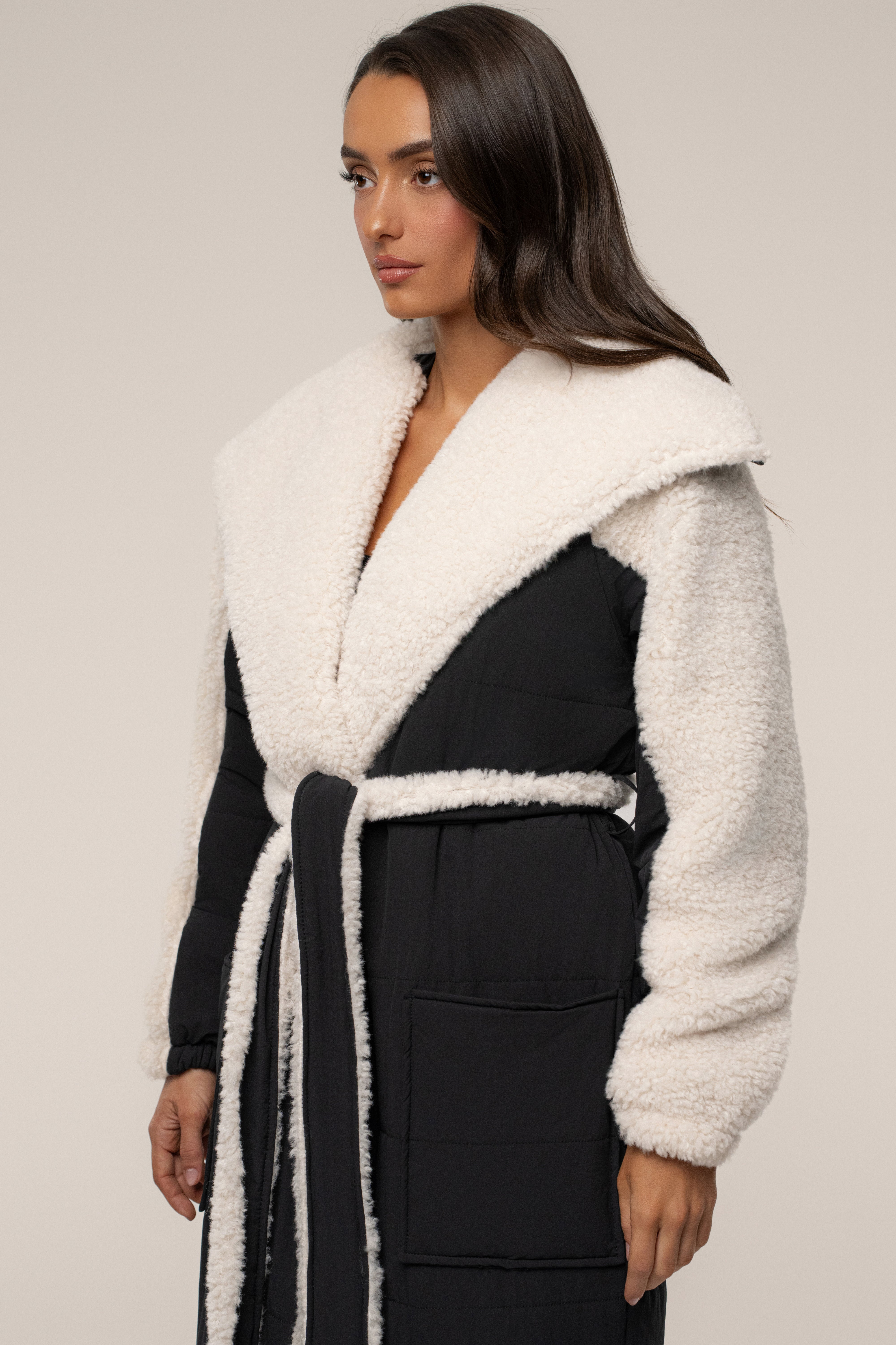 Black/Ivory Contrast Sherpa Coat