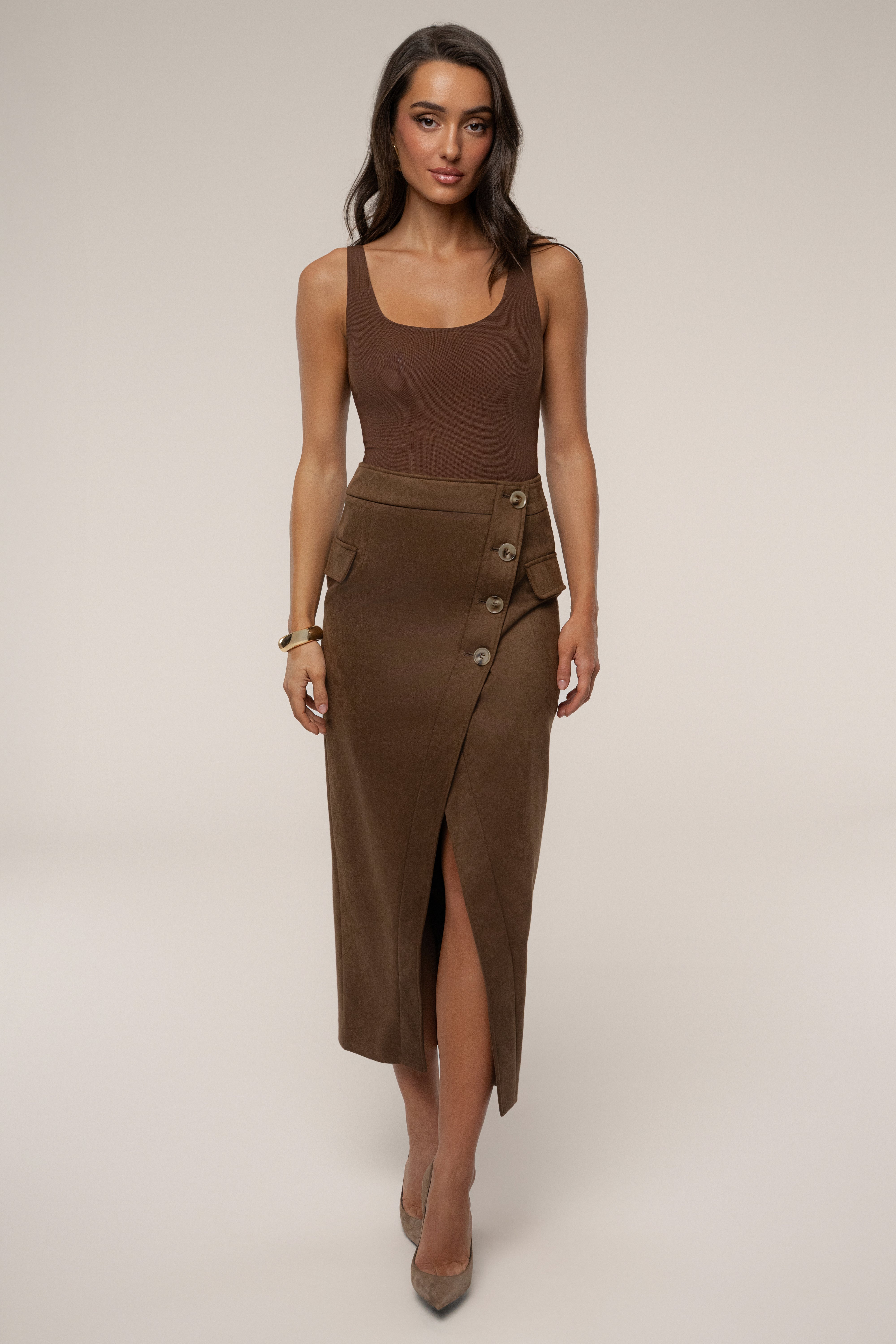 Chocolate Audrey Suede Midi Skirt - JLUXLABEL