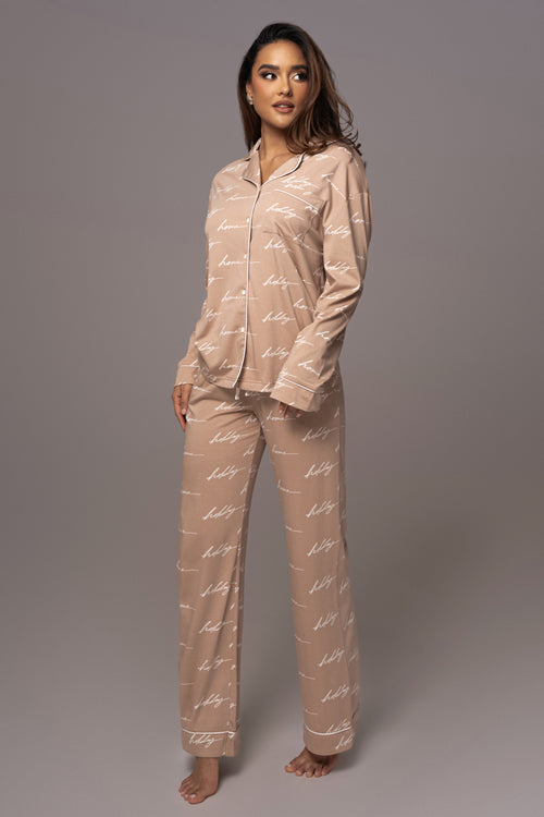 Beige HOME FOR THE HOLIDAYS ADULT PAJAMA SET - JLUXLABEL