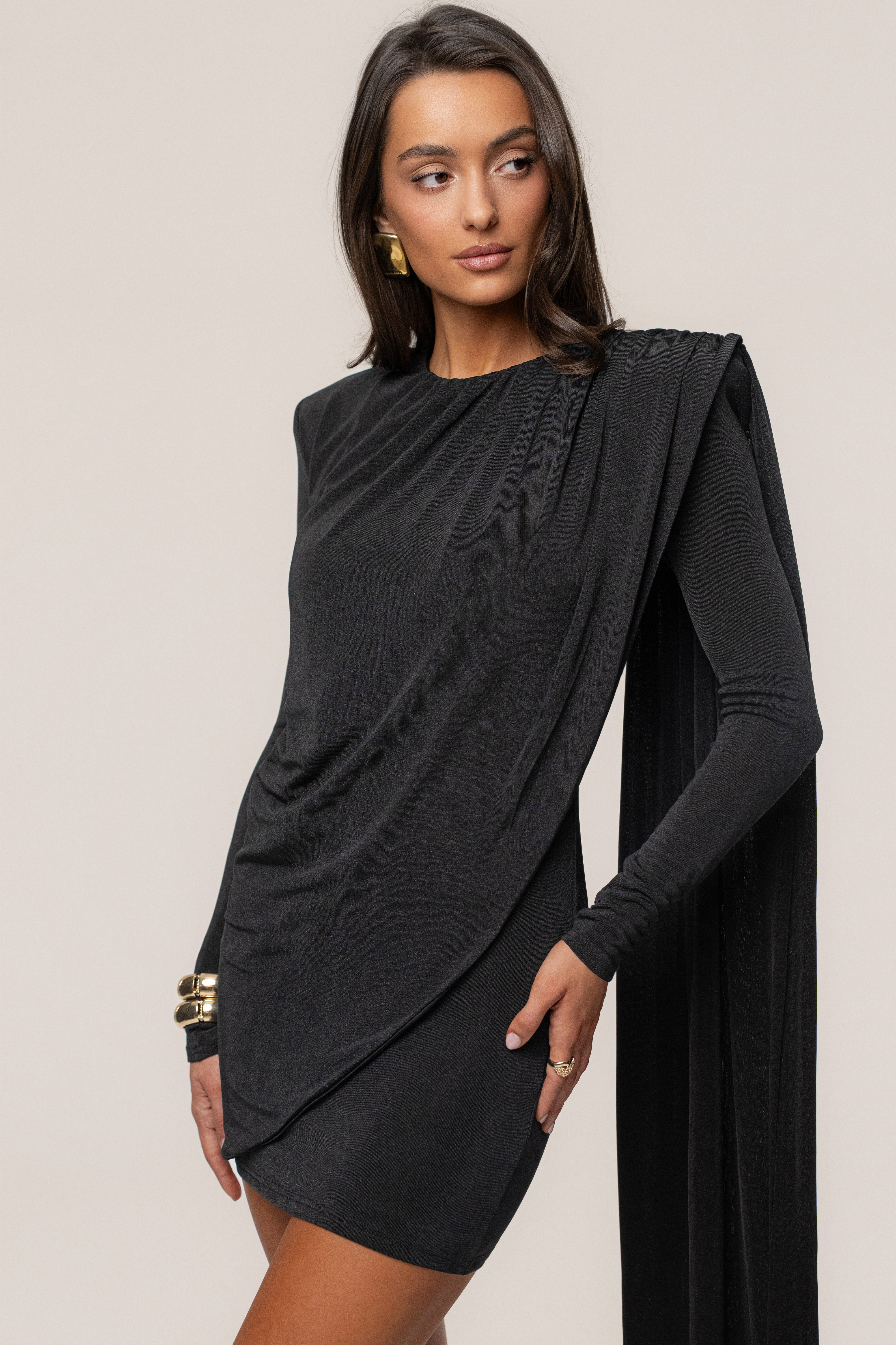 Black Midnight Draped Mini Dress | JLUXLABEL