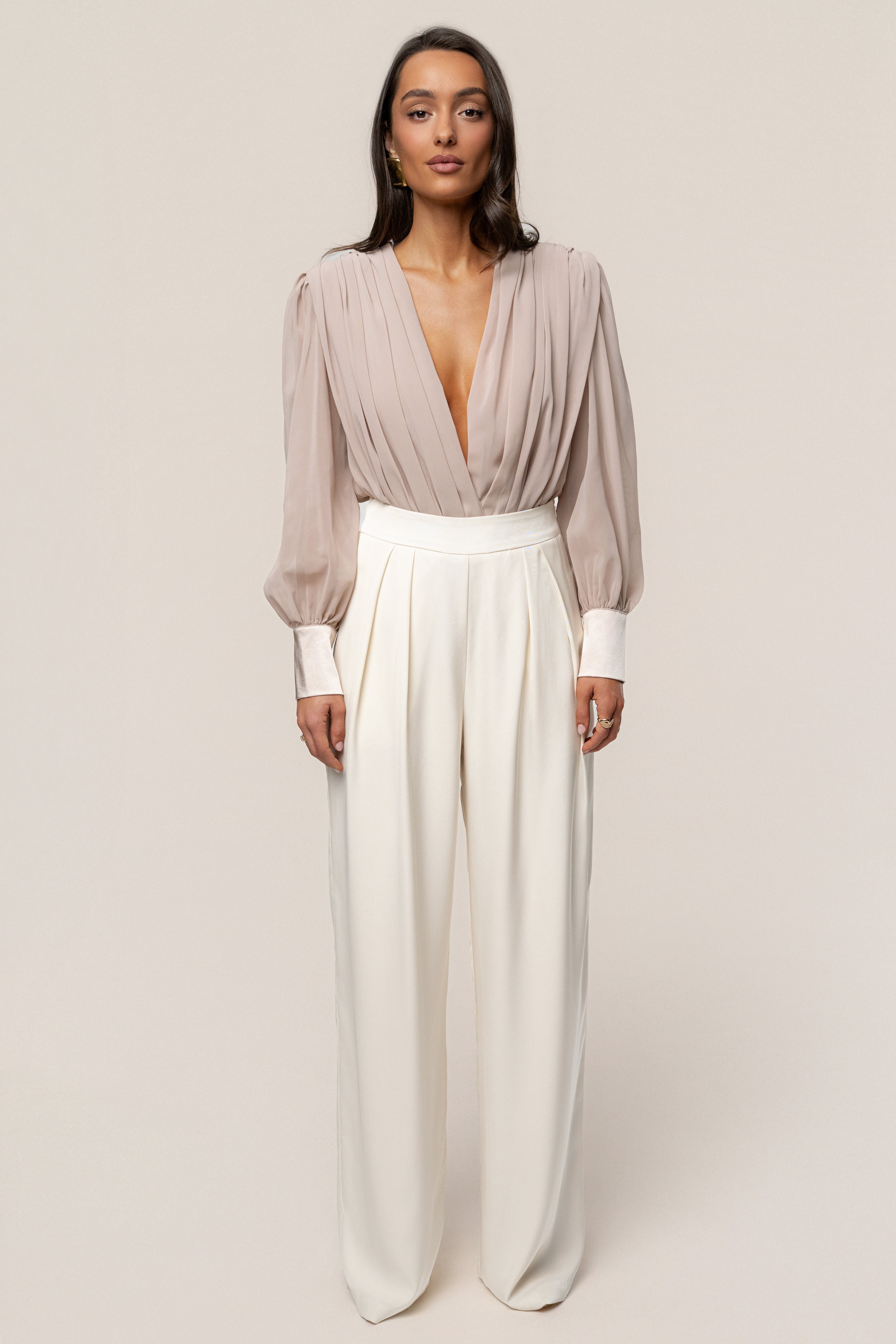Beige Refined Pleated Chiffon Top