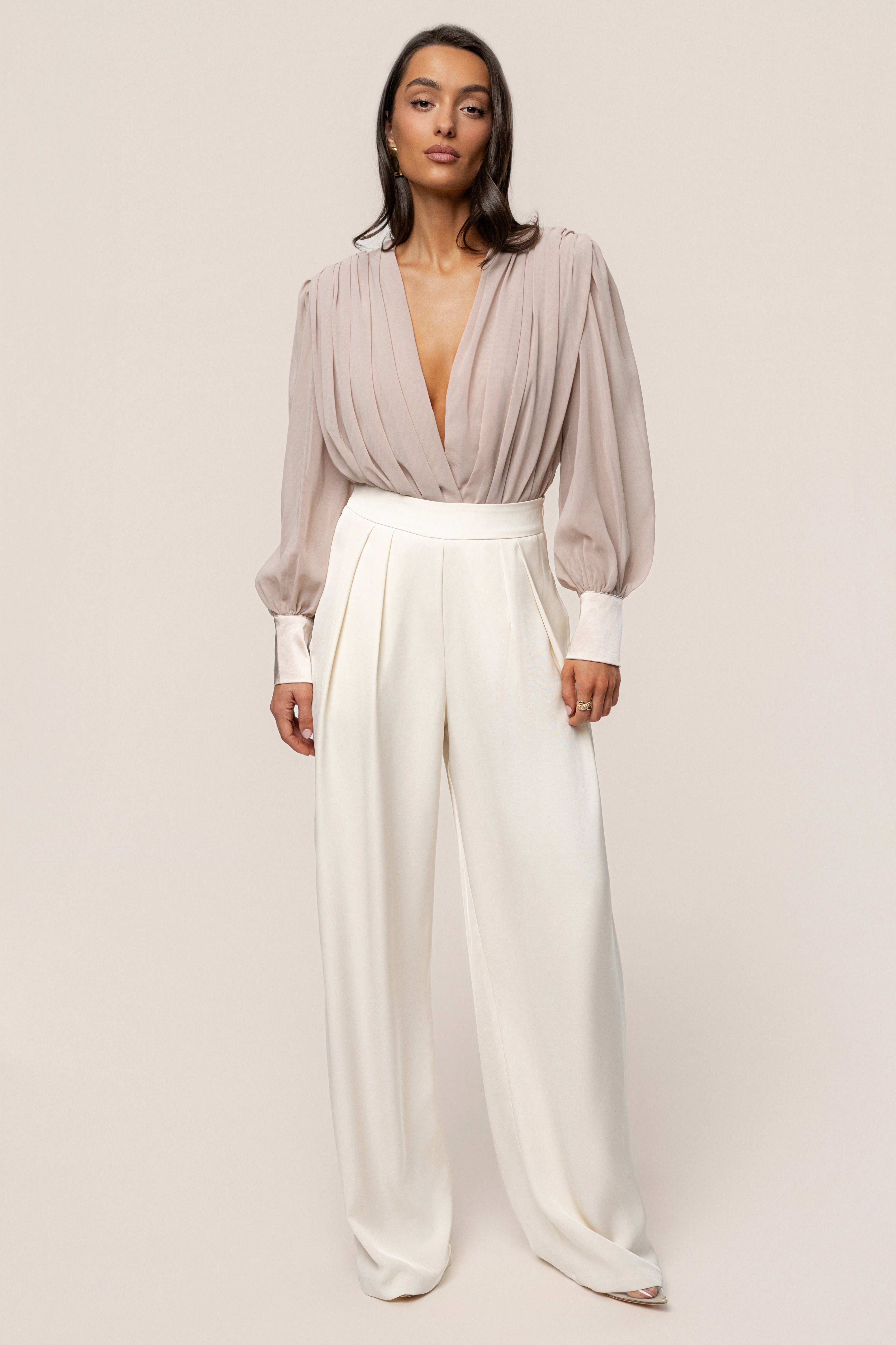 Beige Refined Pleated Chiffon Top