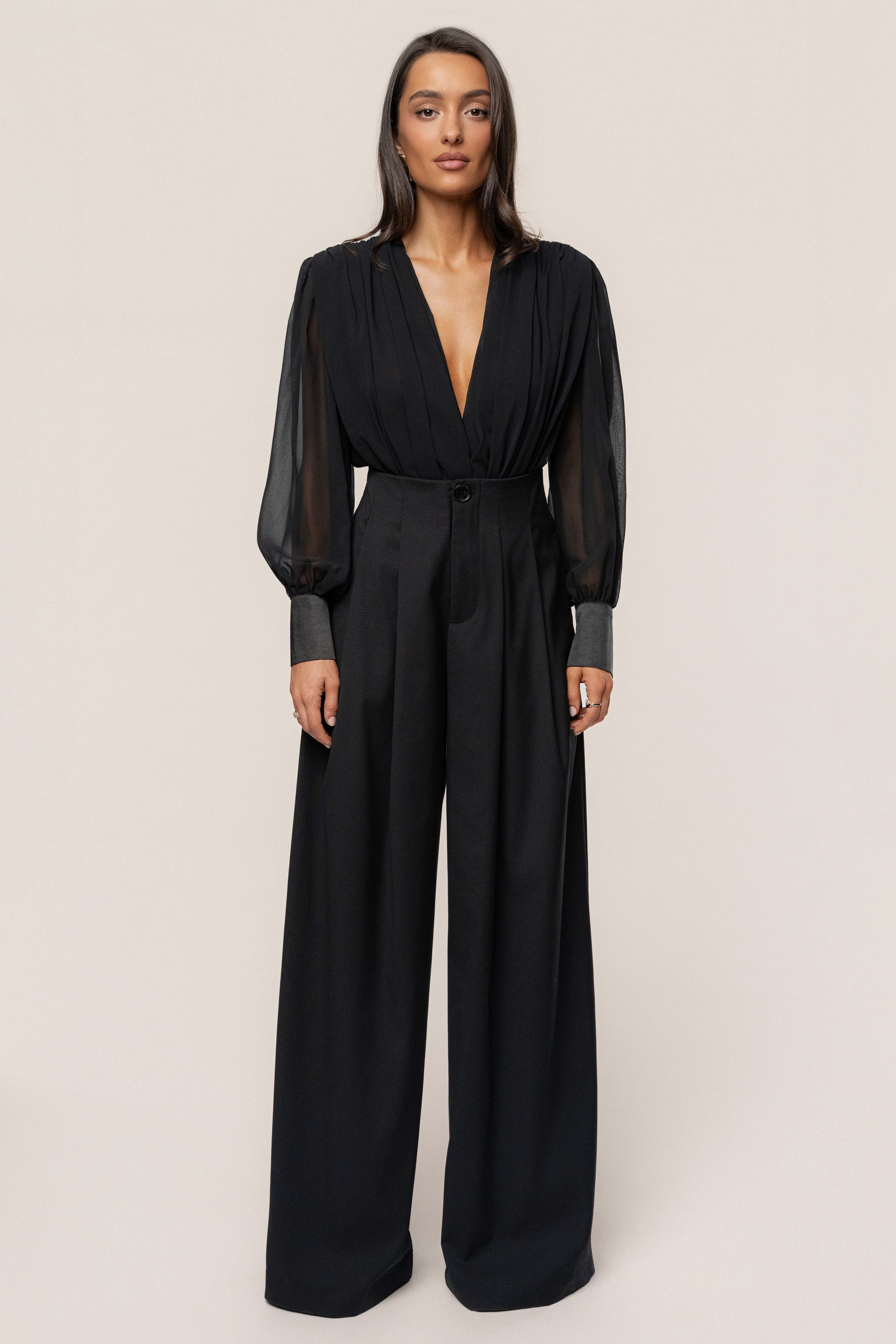 Black Polished Pleat Trouser - JLUXLABEL