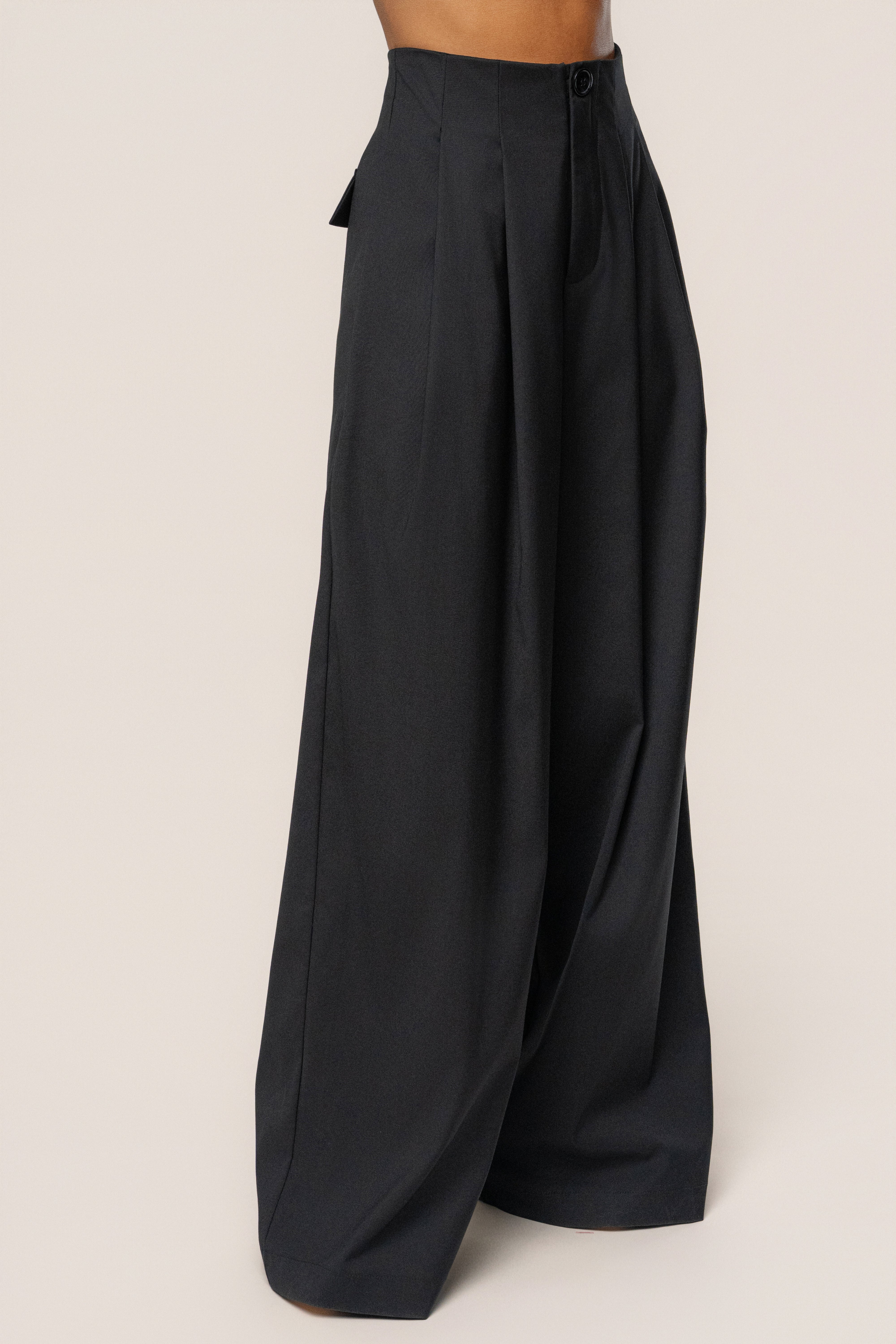 Black Polished Pleat Trouser
