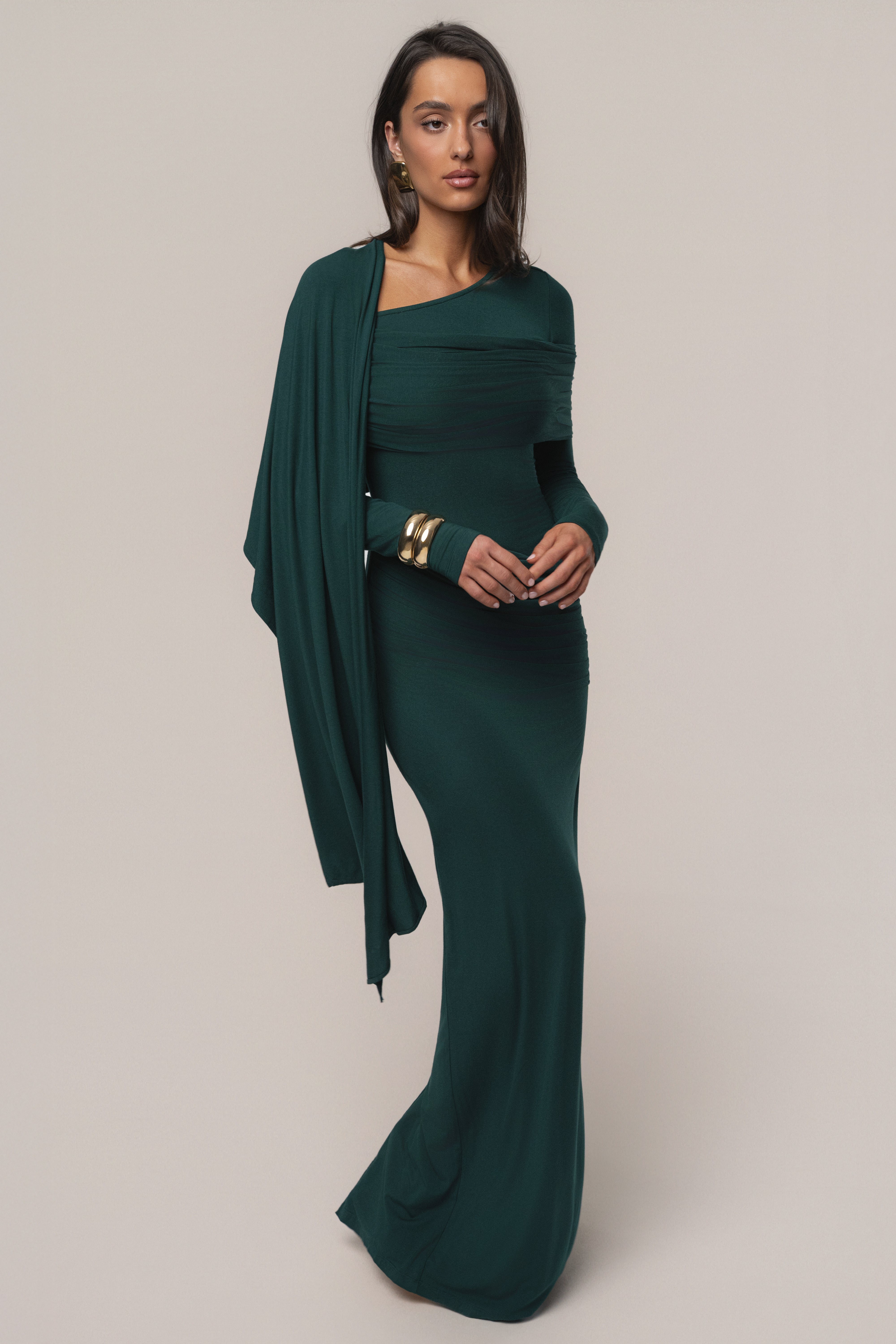 Emerald Glitz Asymmetric Maxi Dress