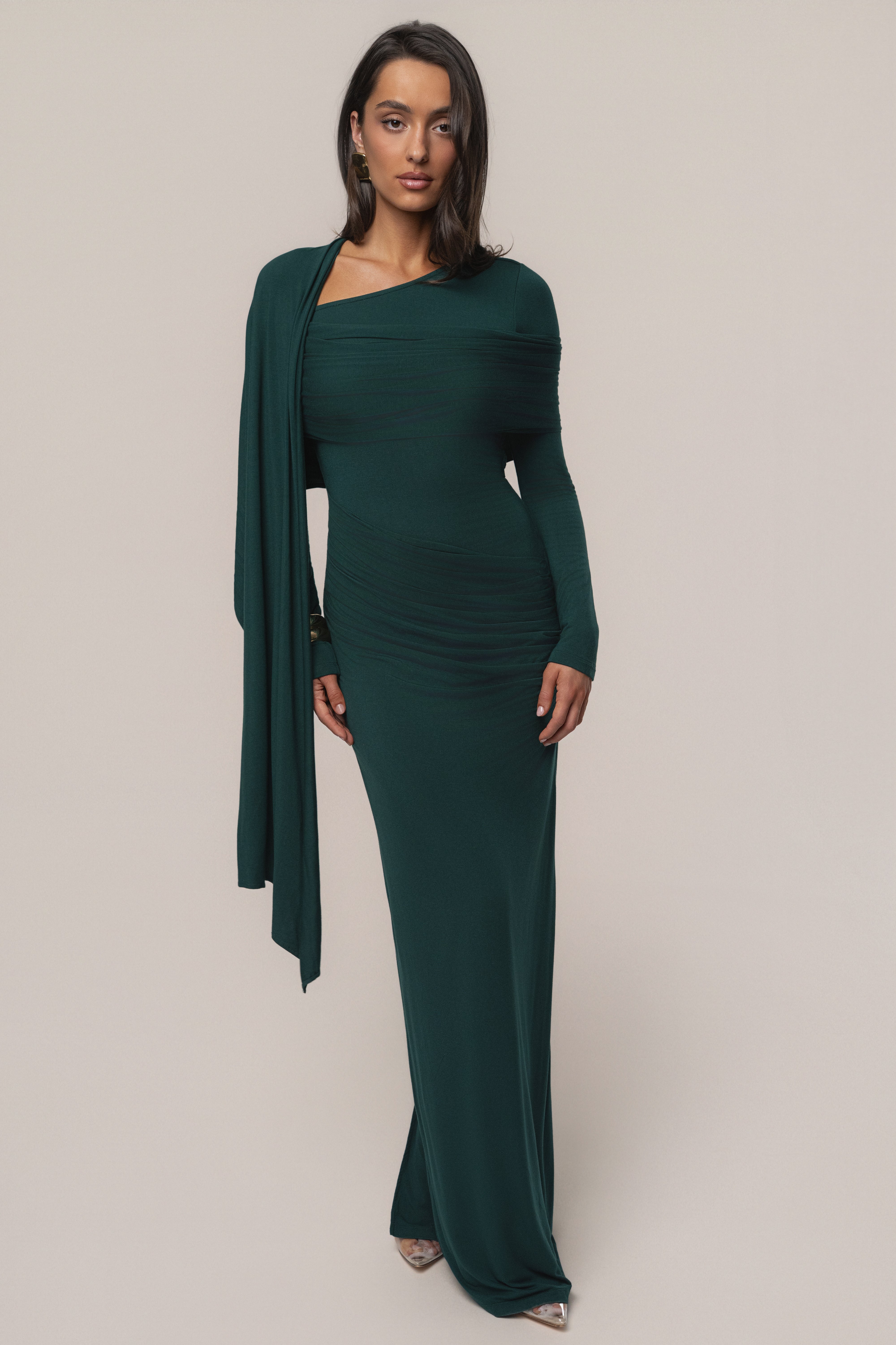 Emerald Glitz Asymmetric Maxi Dress