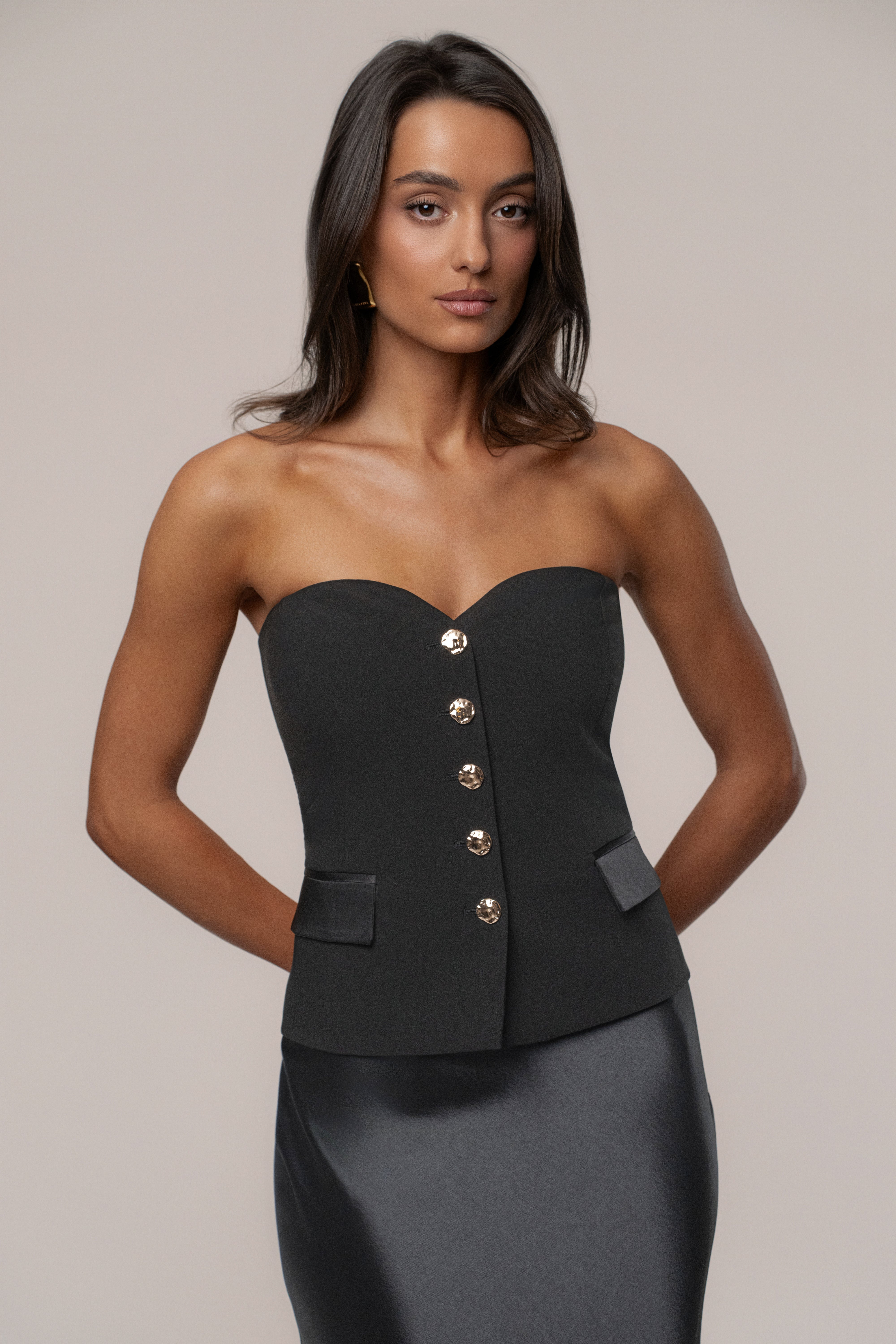 Black Button Front Vest - JLUXLABEL