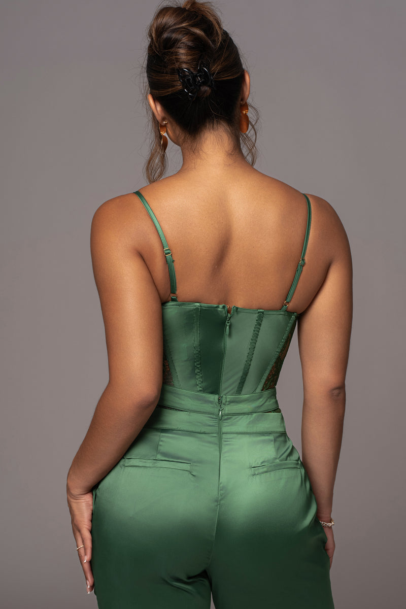 Collective the Label exclusive cut out corset satin bodysuit in emerald  green