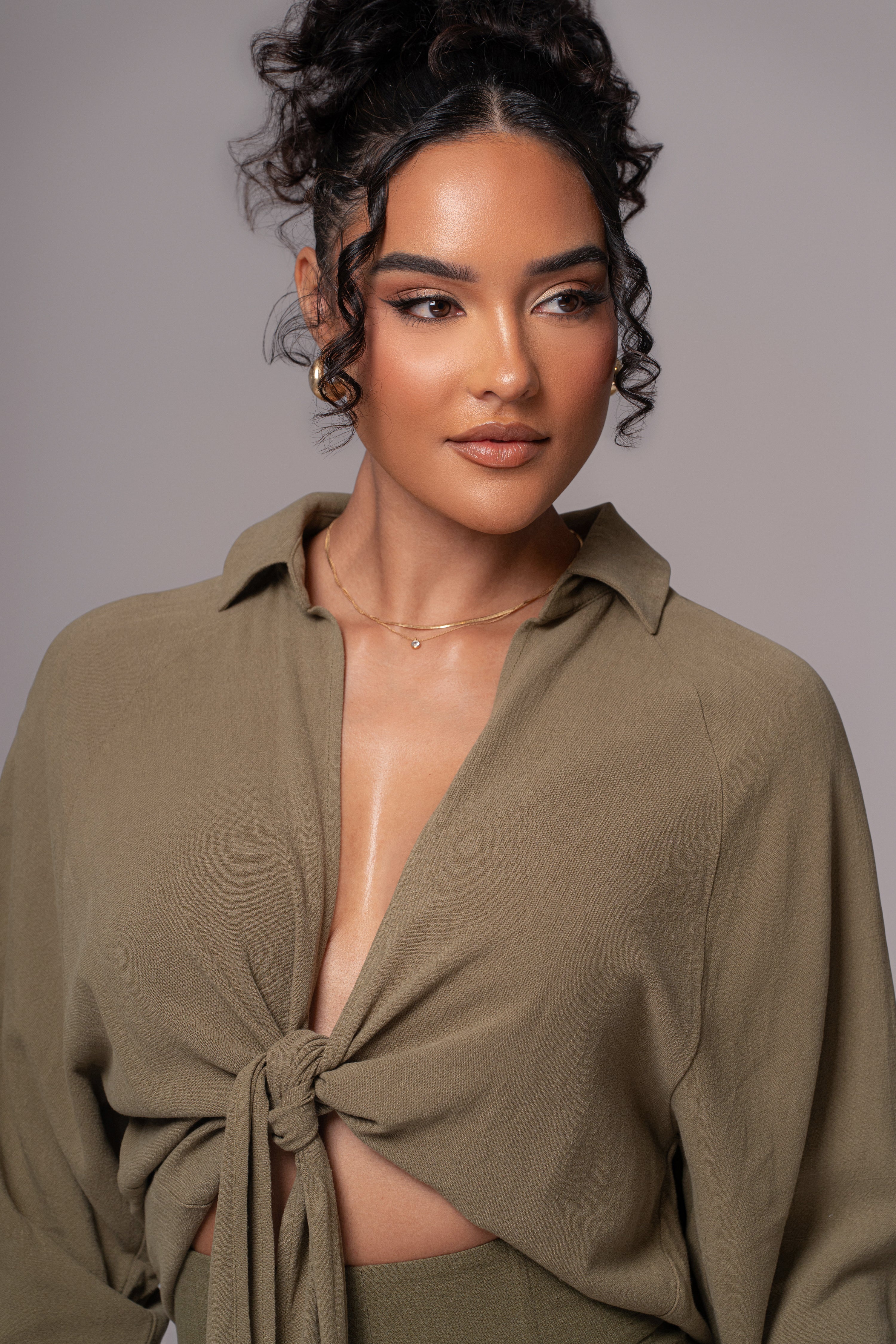 Olive Soho Front Tied Woven Top