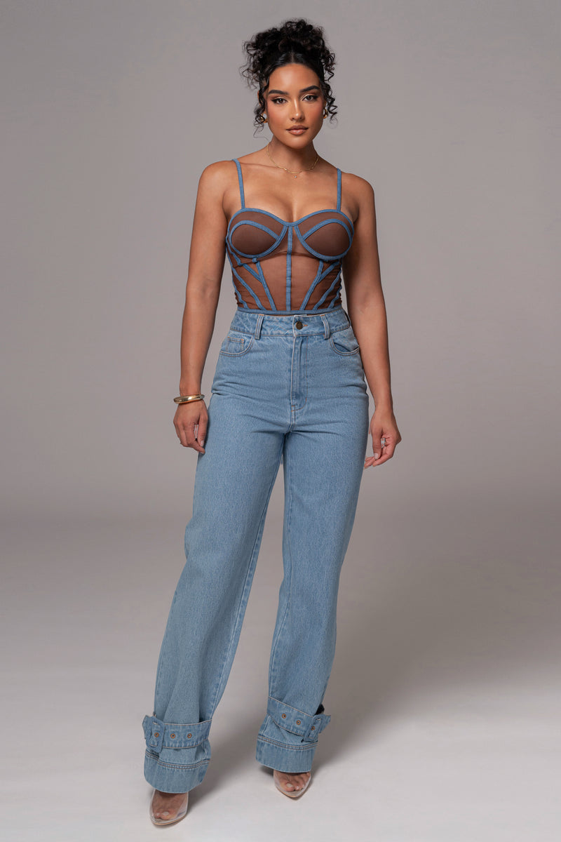 Bustier en maille illusion en denim foncé