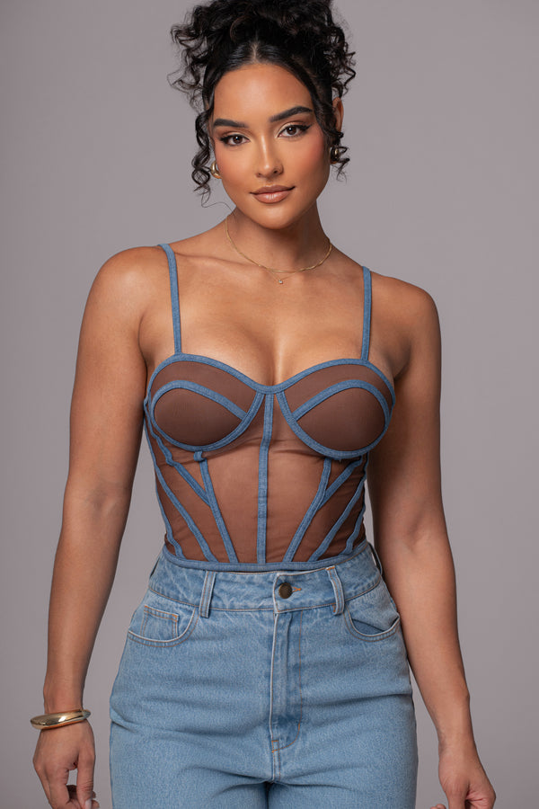 Bustier en maille illusion en denim foncé