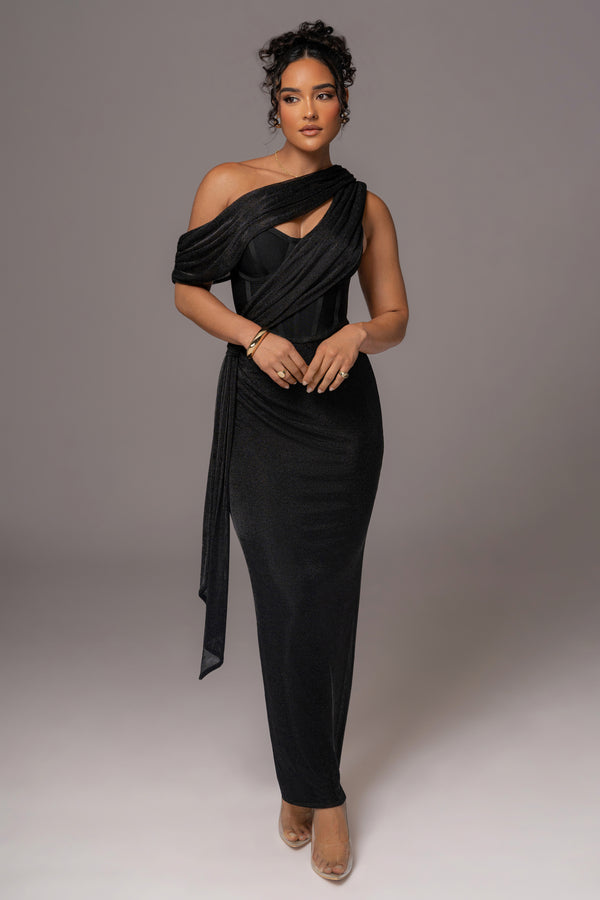 Black Metallic Celestina Draped Maxi Dress