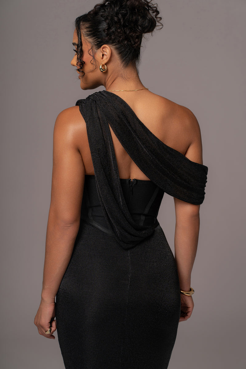 Black Metallic Celestina Draped Maxi Dress