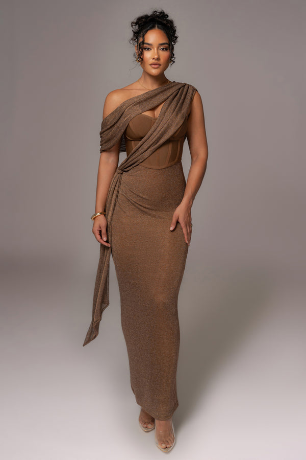 Robe maxi drapée Celestina en bronze métallique