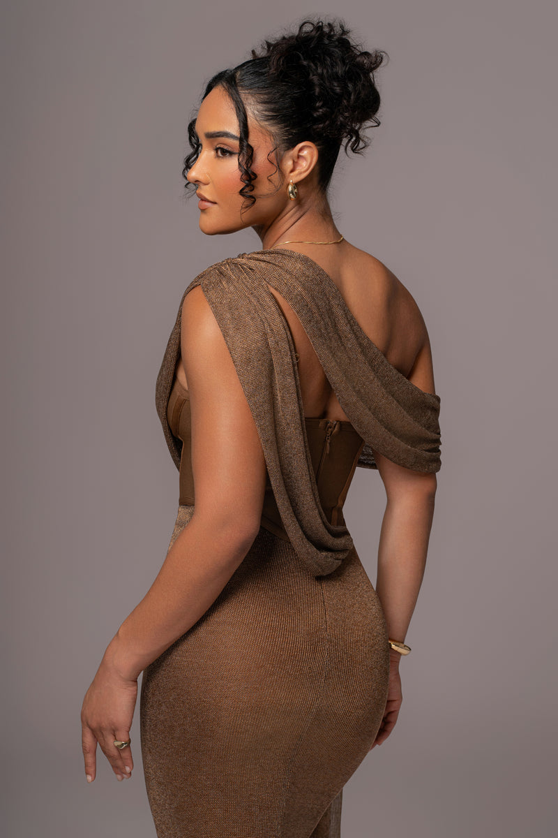 Bronze Metallic Celestina Draped Maxi Dress