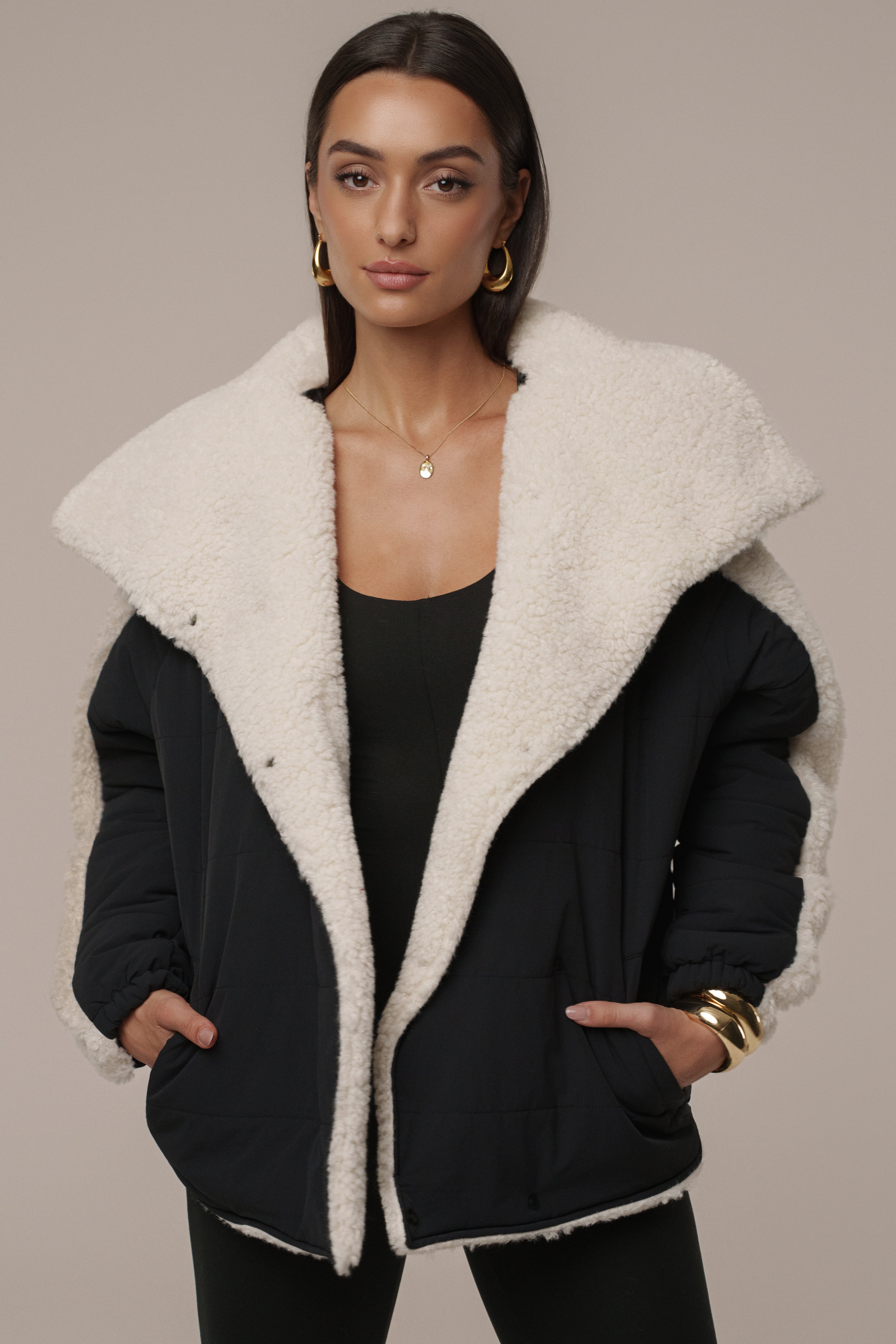 Black/Ivory Contrast Sherpa Jacket - JLUXLABEL