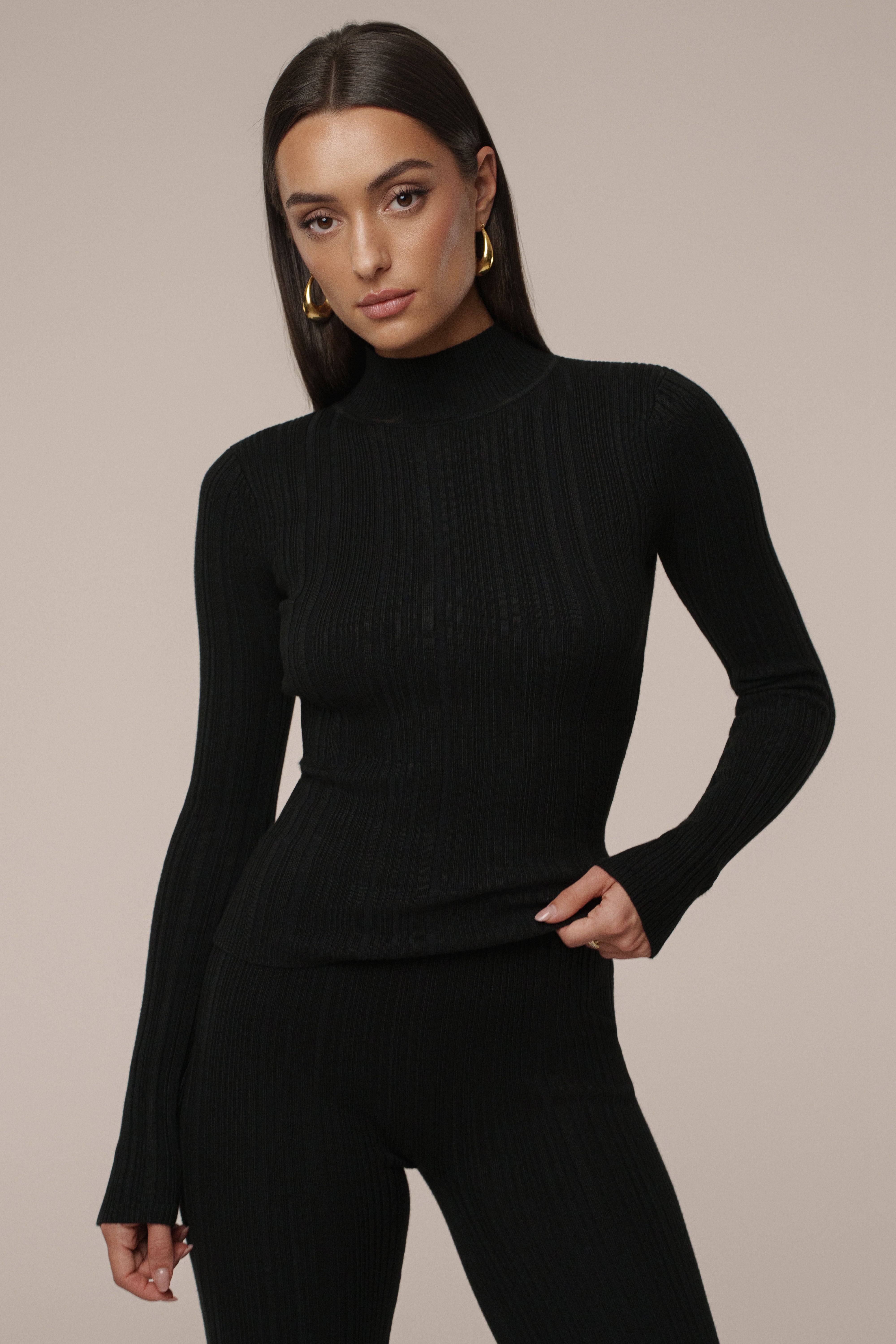 Black Ribbed Mock Neck Top - JLUXLABEL