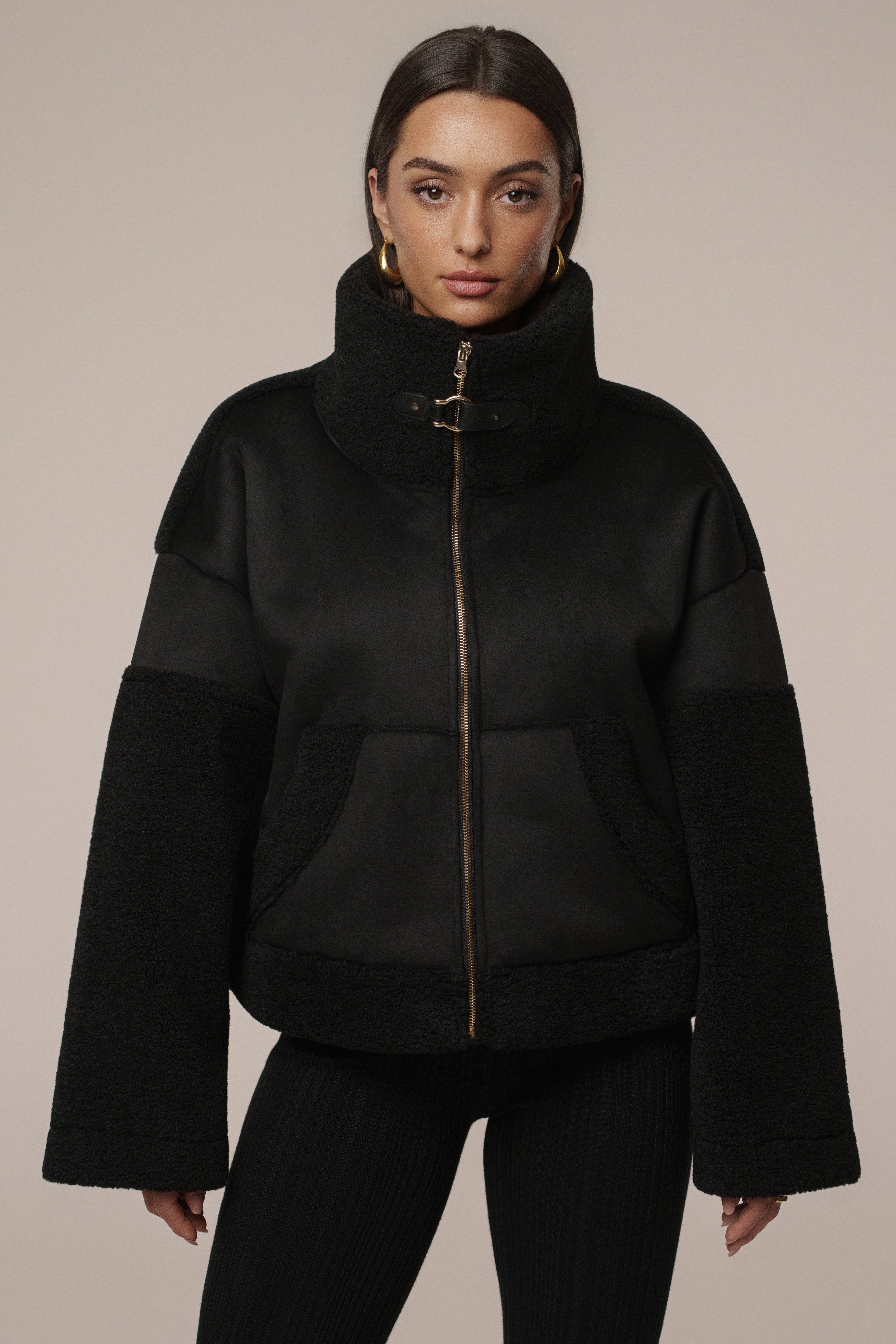 Black Suede And Sherpa Jacket - JLUXLABEL