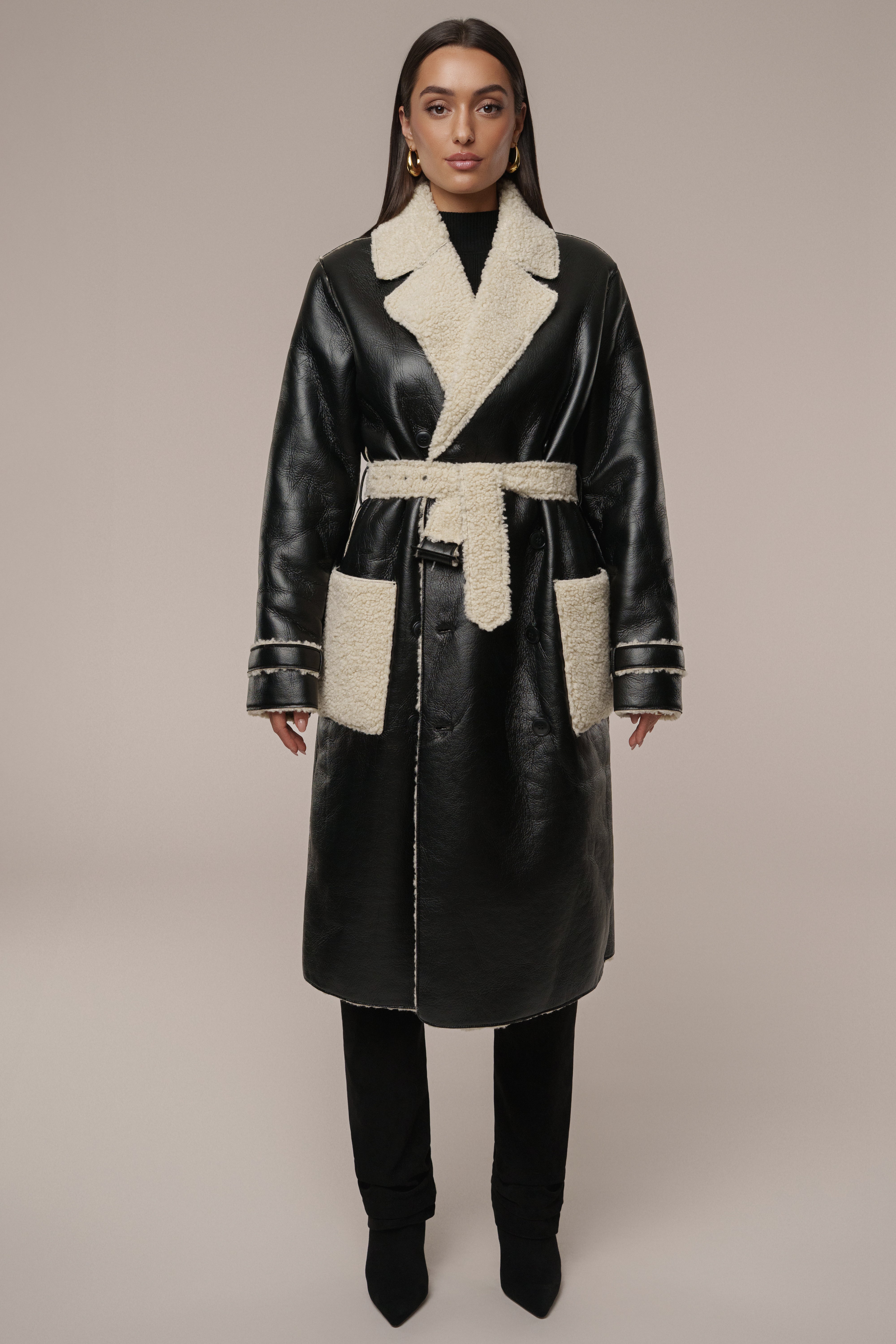 Black/Ivory Sherpa And Faux Leather Coat