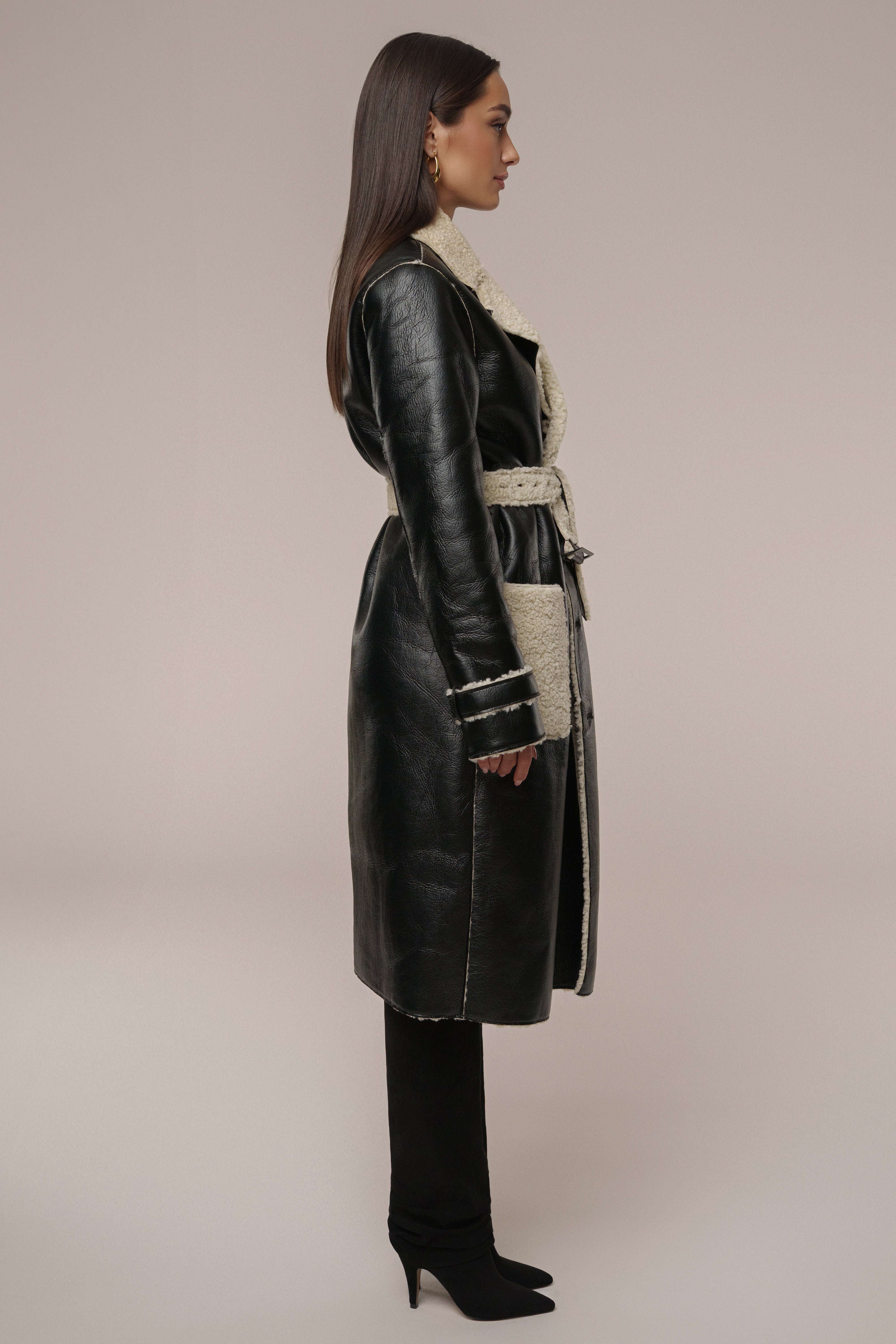 Black/Ivory Sherpa And Faux Leather Coat - JLUXLABEL