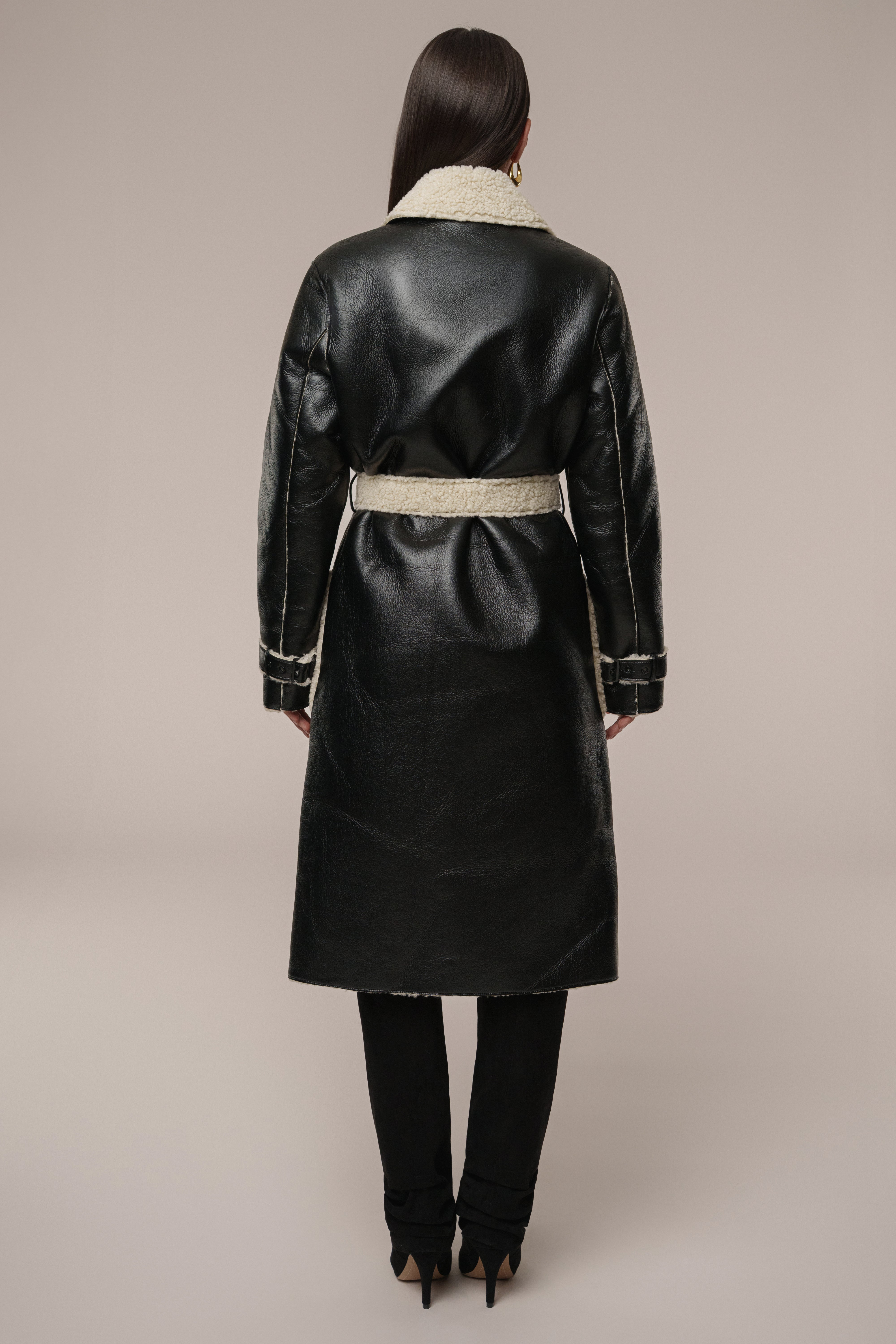 Black/Ivory Sherpa And Faux Leather Coat