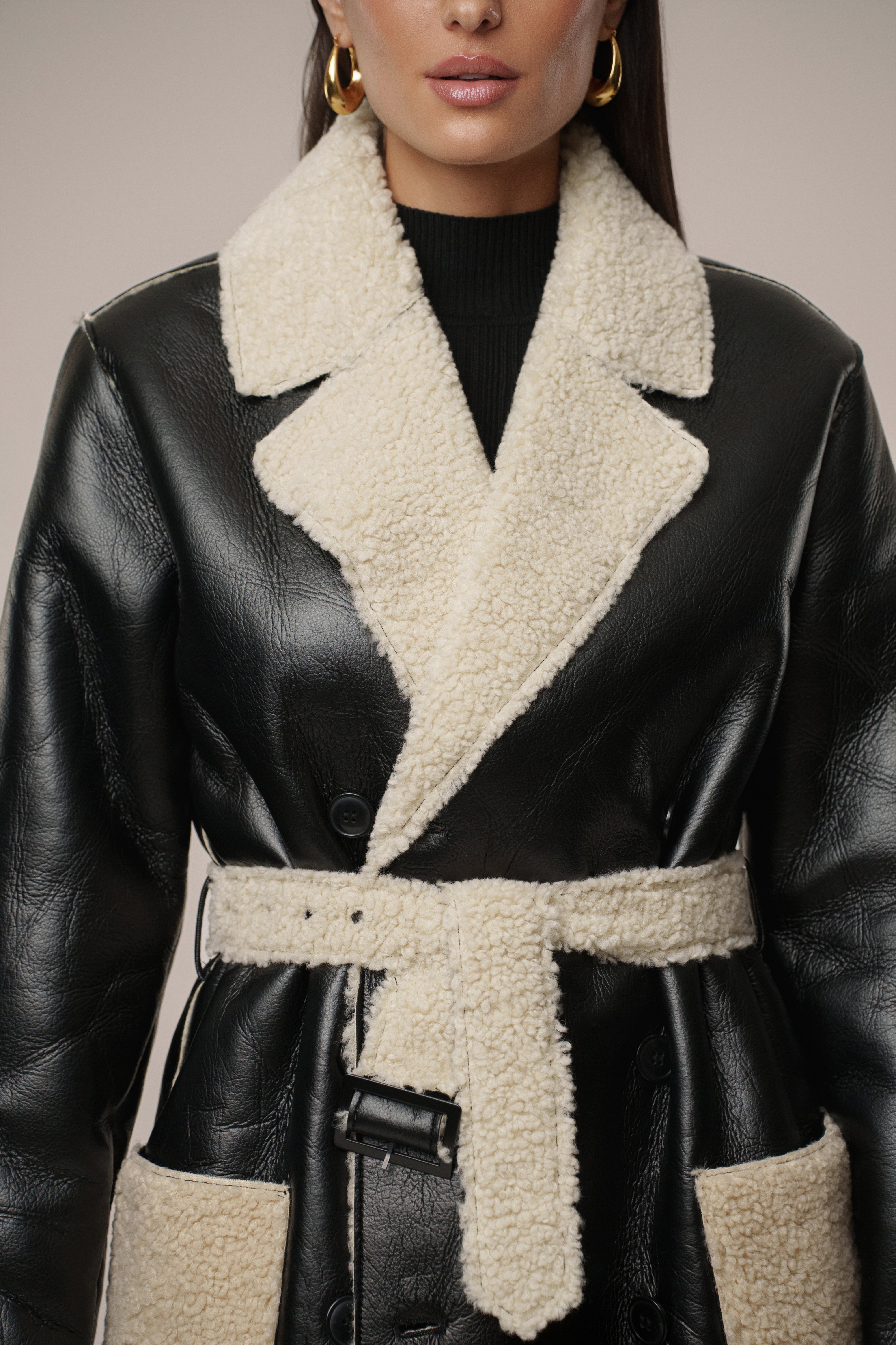 Black/Ivory Sherpa And Faux Leather Coat - JLUXLABEL