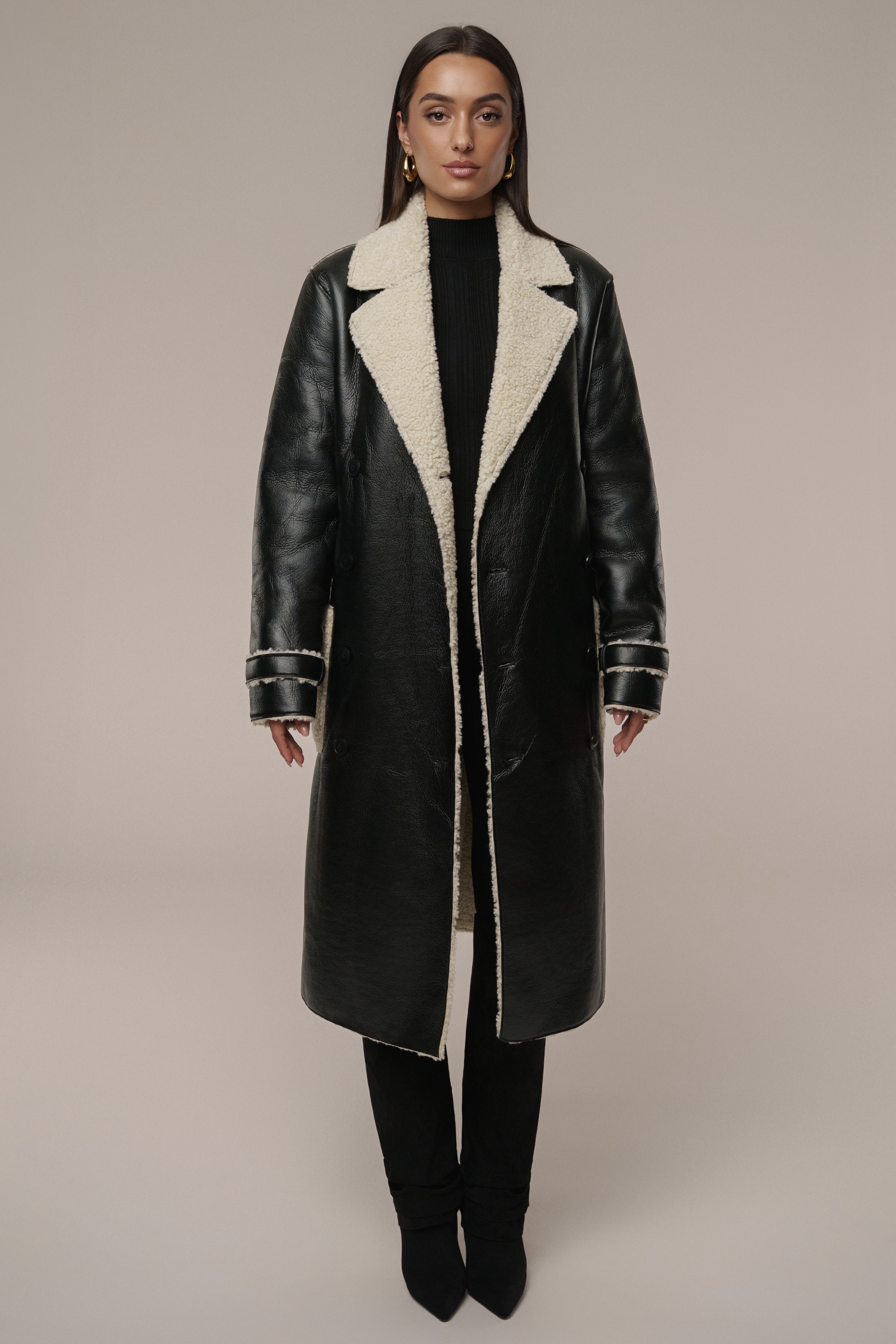Black/Ivory Sherpa And Faux Leather Coat - JLUXLABEL