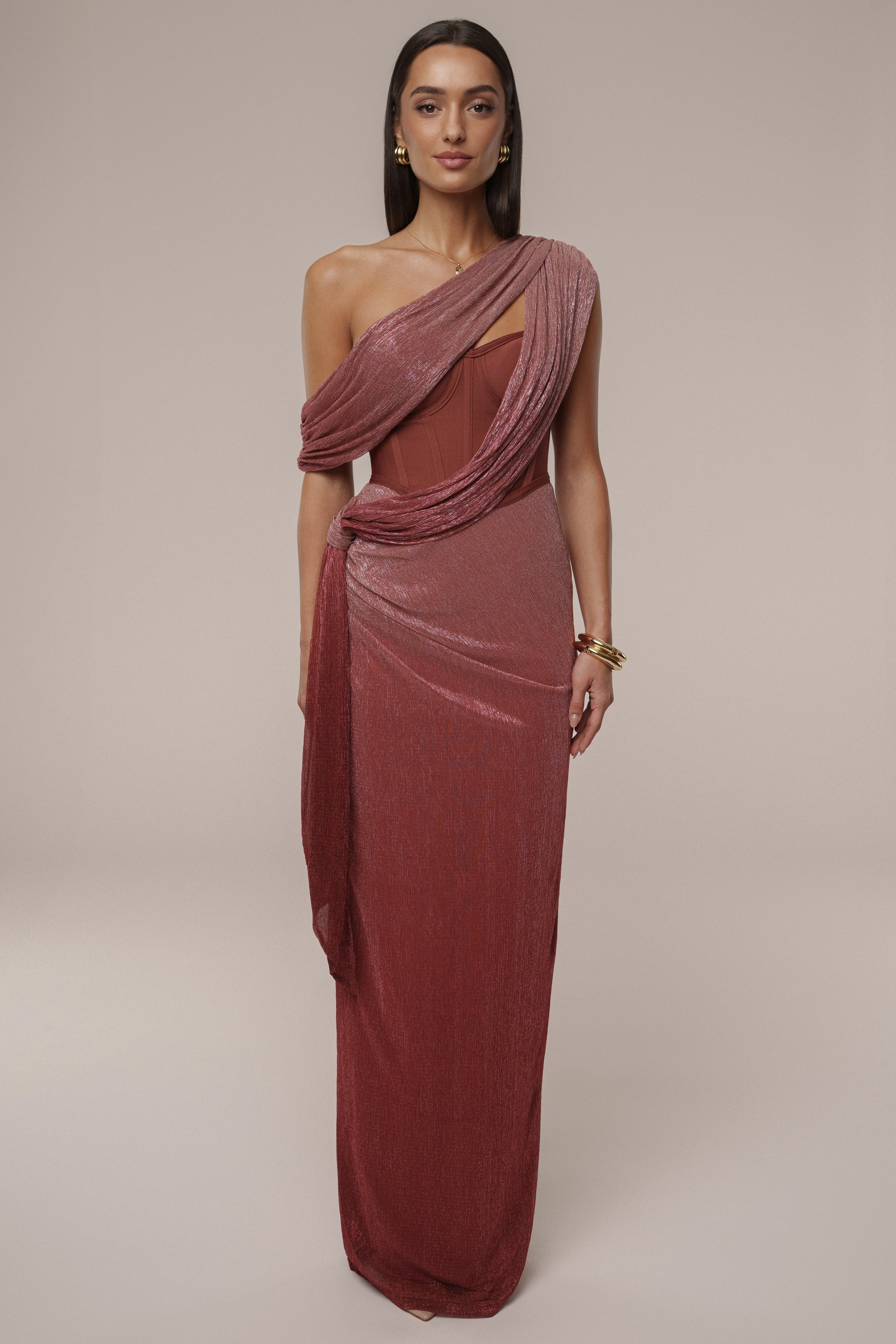 Red Celestina Draped Maxi Dress - JLUXLABEL