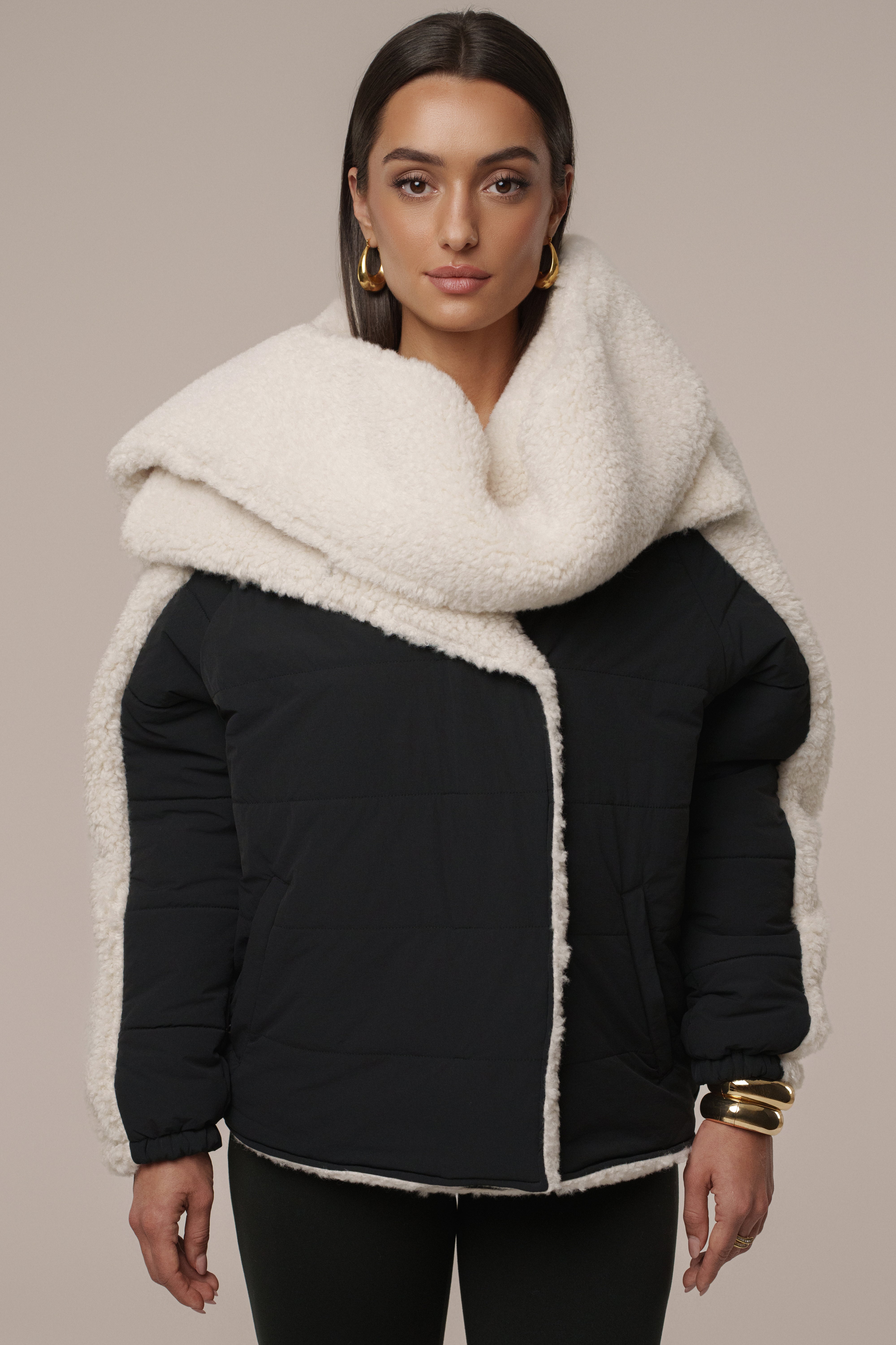 Black/Ivory Contrast Sherpa Jacket - JLUXLABEL