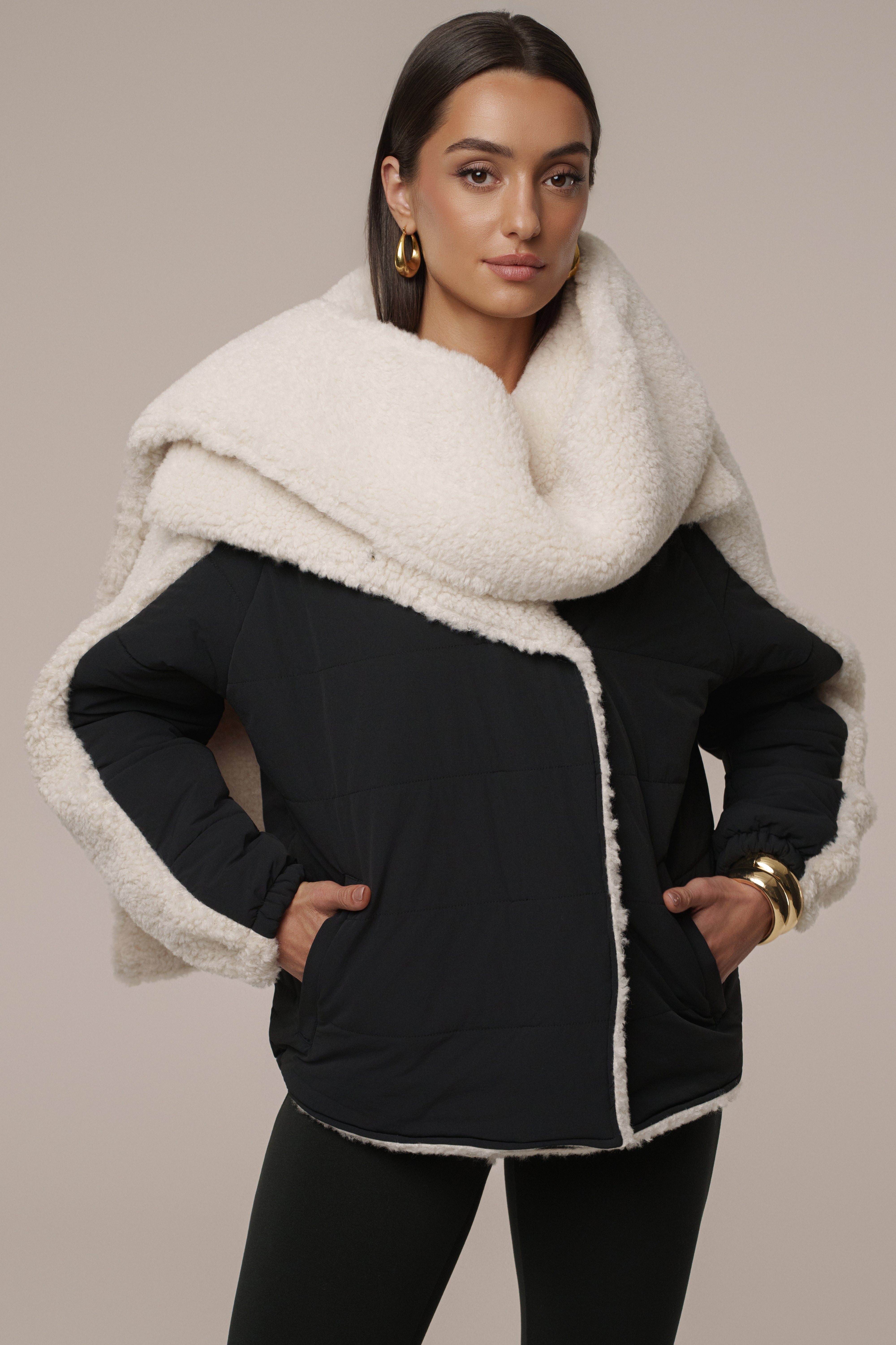 Black/Ivory Contrast Sherpa Jacket - JLUXLABEL
