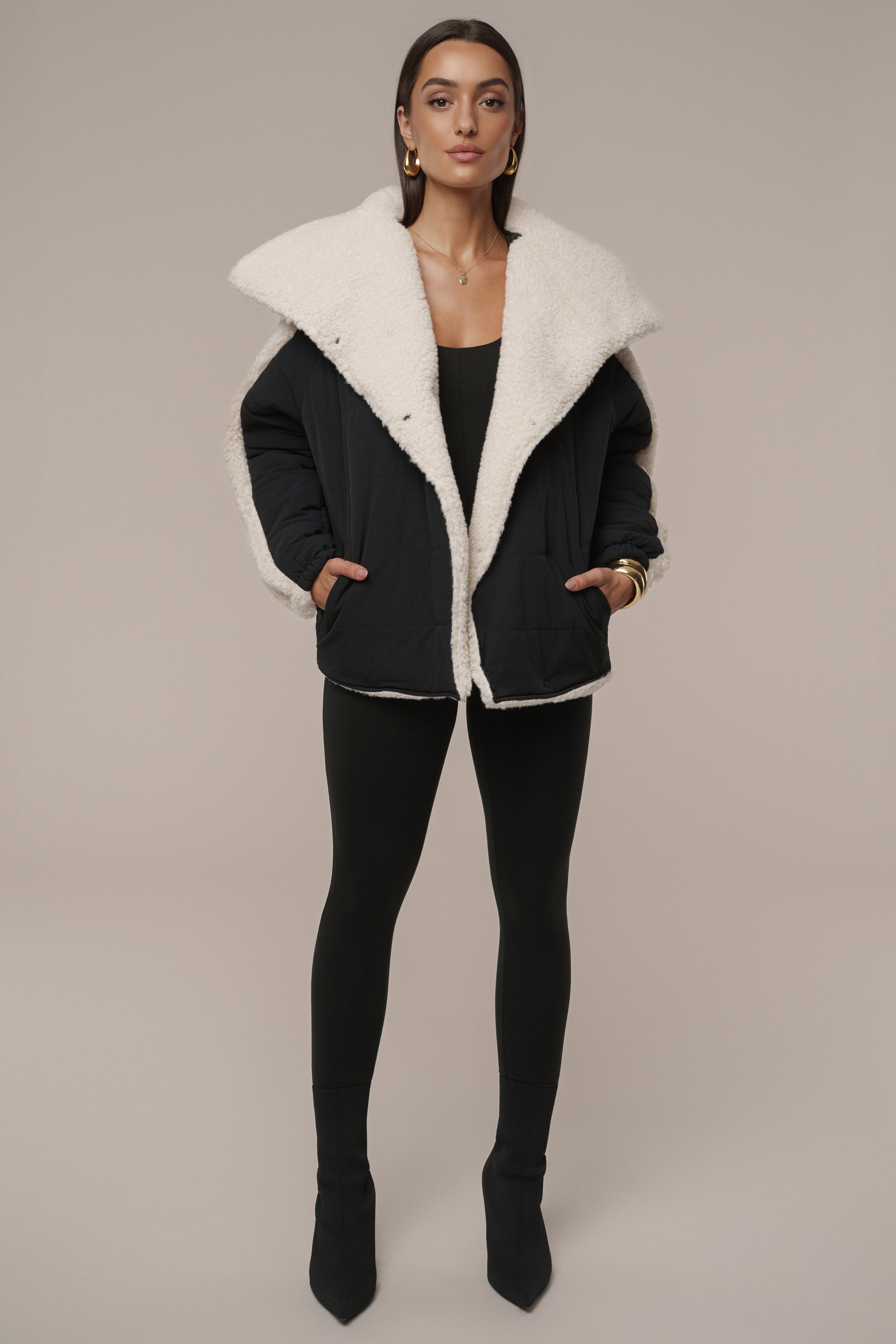 Black/Ivory Contrast Sherpa Jacket - JLUXLABEL