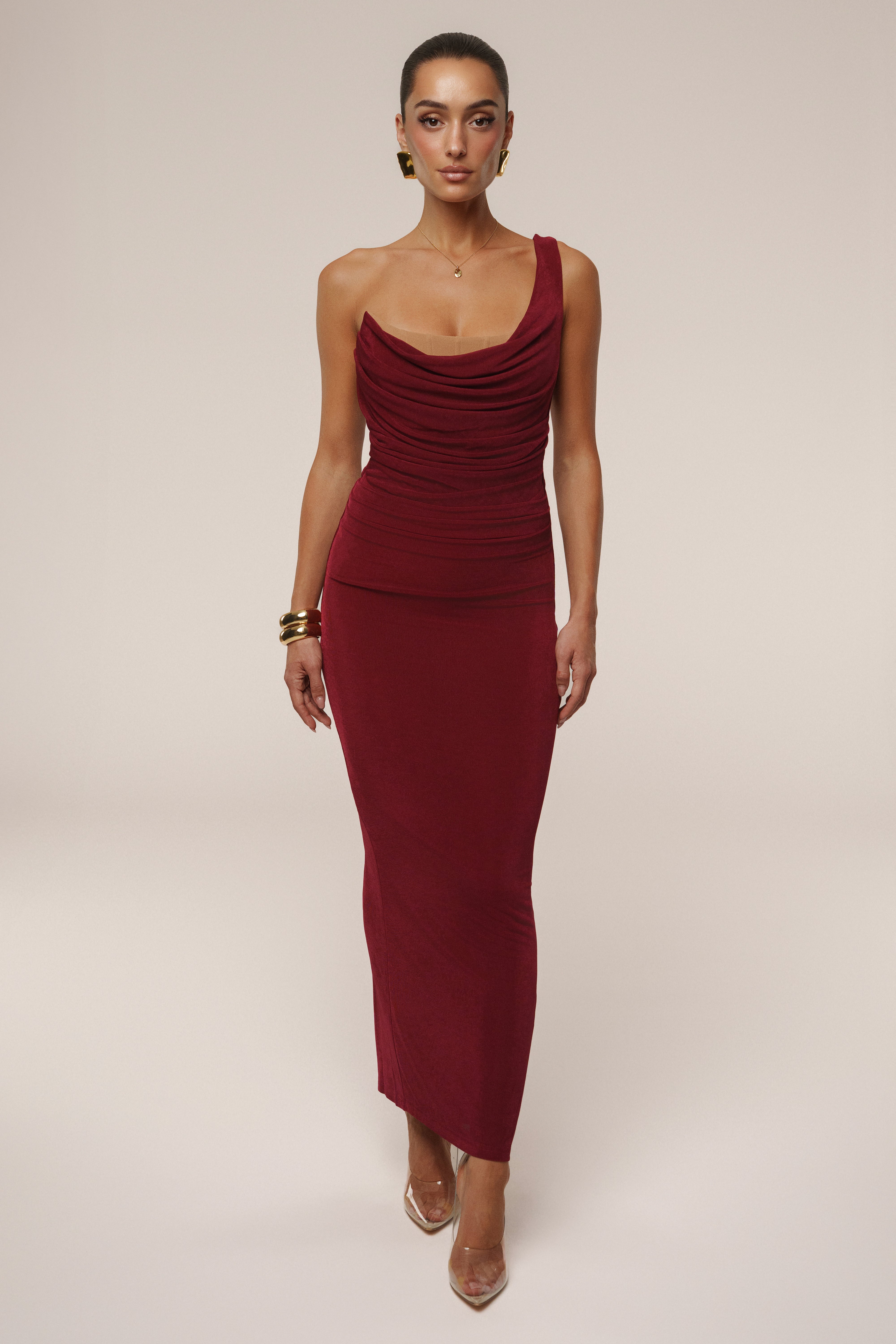 Burgundy Slinky Krishna One Shoulder Maxi Dress - JLUXLABEL