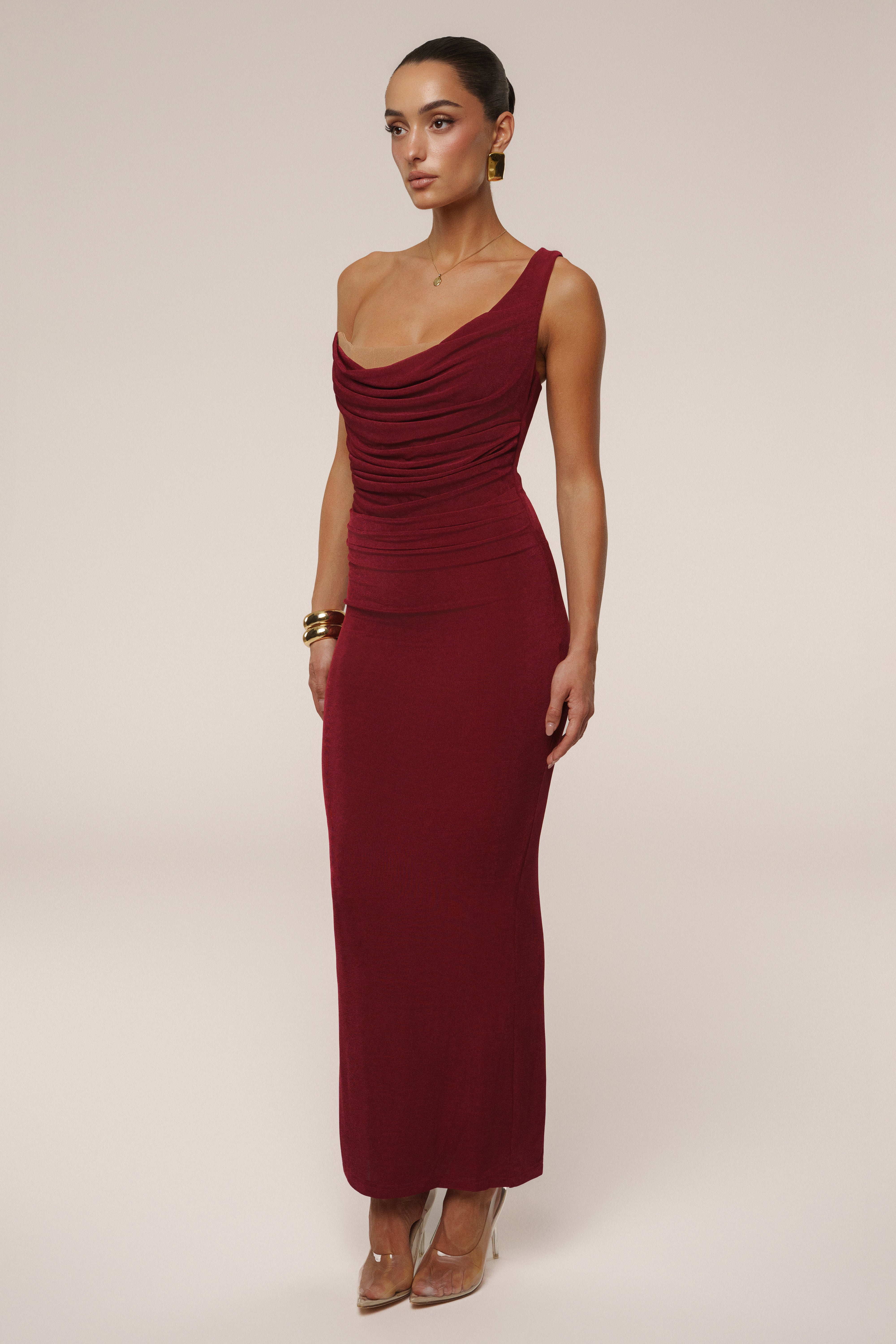 Burgundy Slinky Krishna One Shoulder Maxi Dress - JLUXLABEL