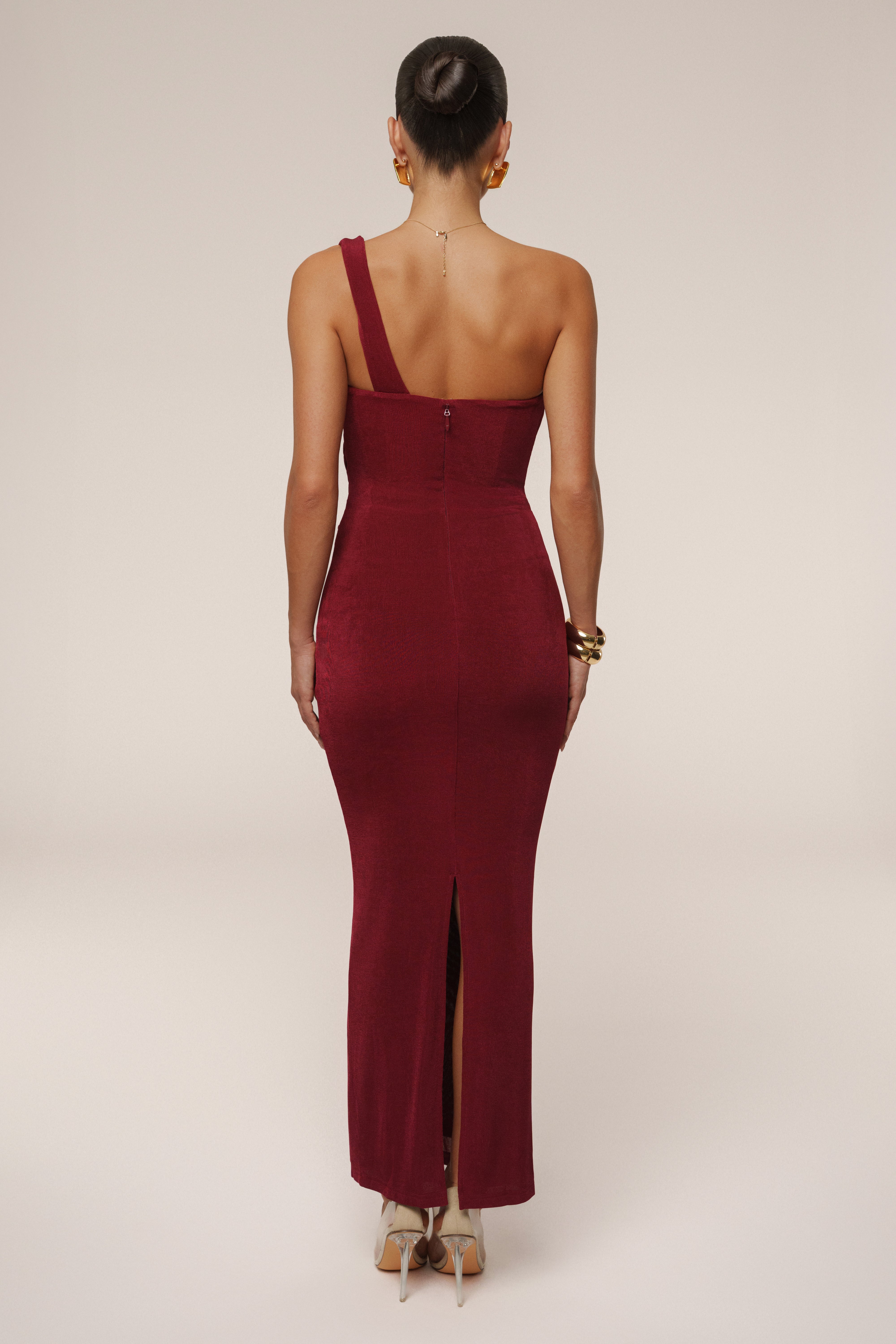 Burgundy Slinky Krishna One Shoulder Maxi Dress - JLUXLABEL
