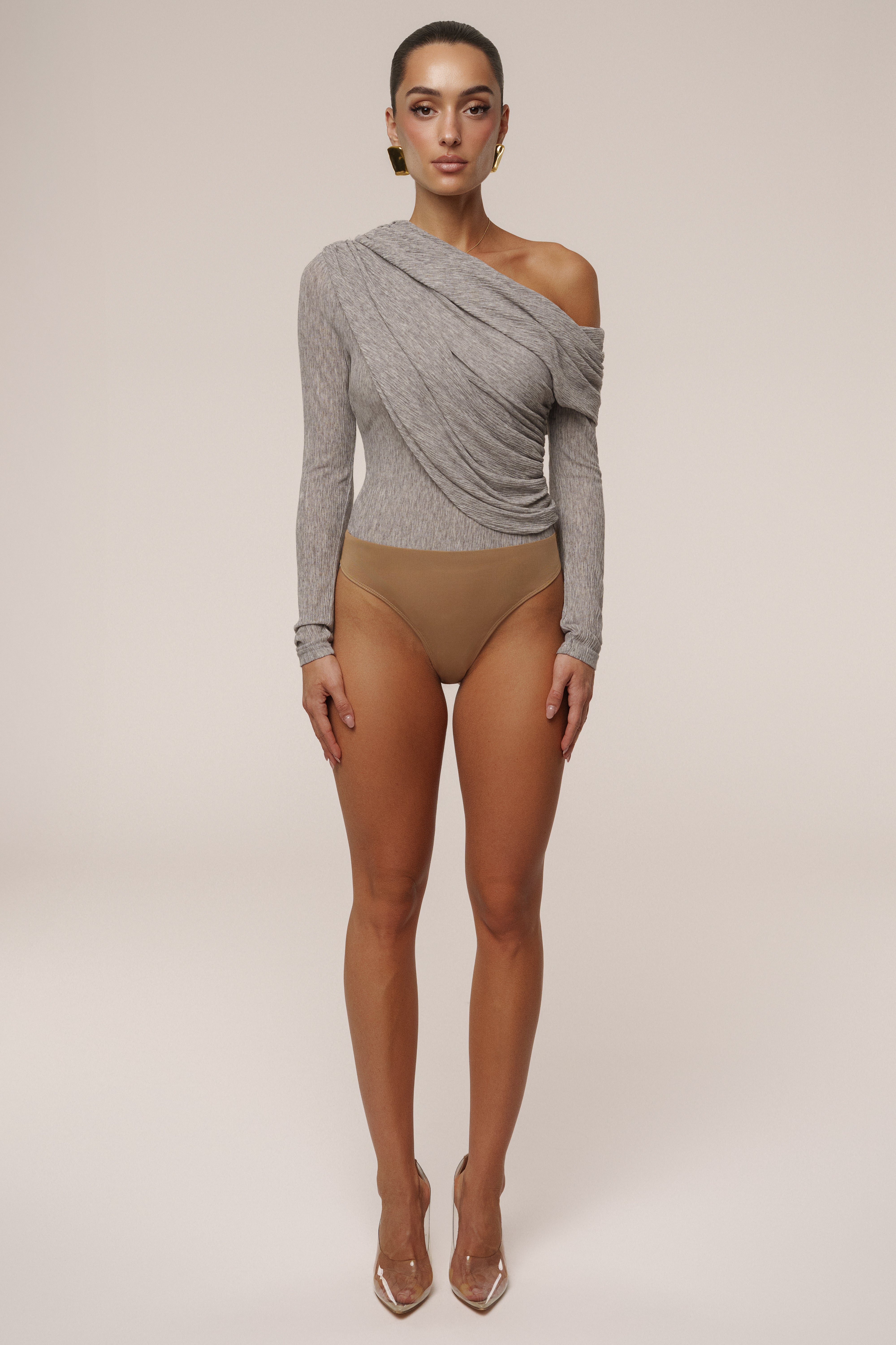 Grey Textured One Shoulder Bodysuit - JLUXLABEL