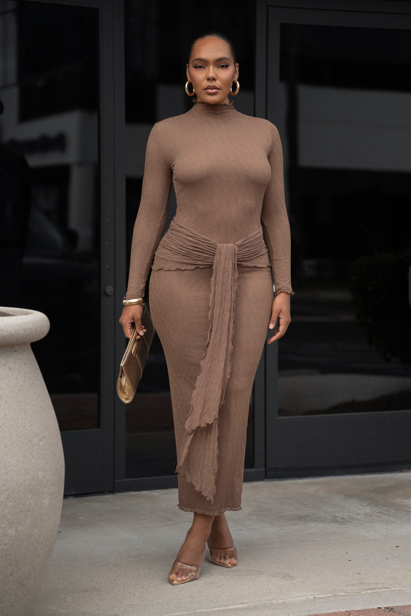 Chocolate Drape Mock Neck Dress