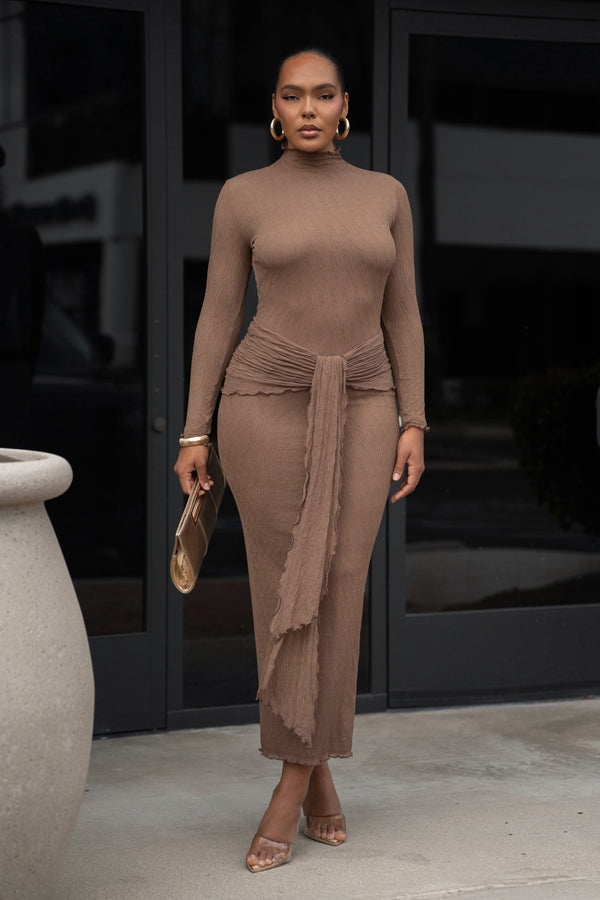 Chocolate Drape Mock Neck Dress