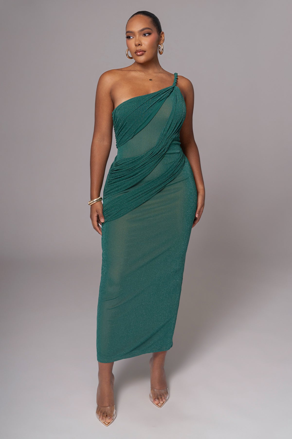 Green Alari one-shoulder maxi dress by JLUXLABEL, flowing fabric with a stylish one-shoulder design, perfect for elegant occasions.
