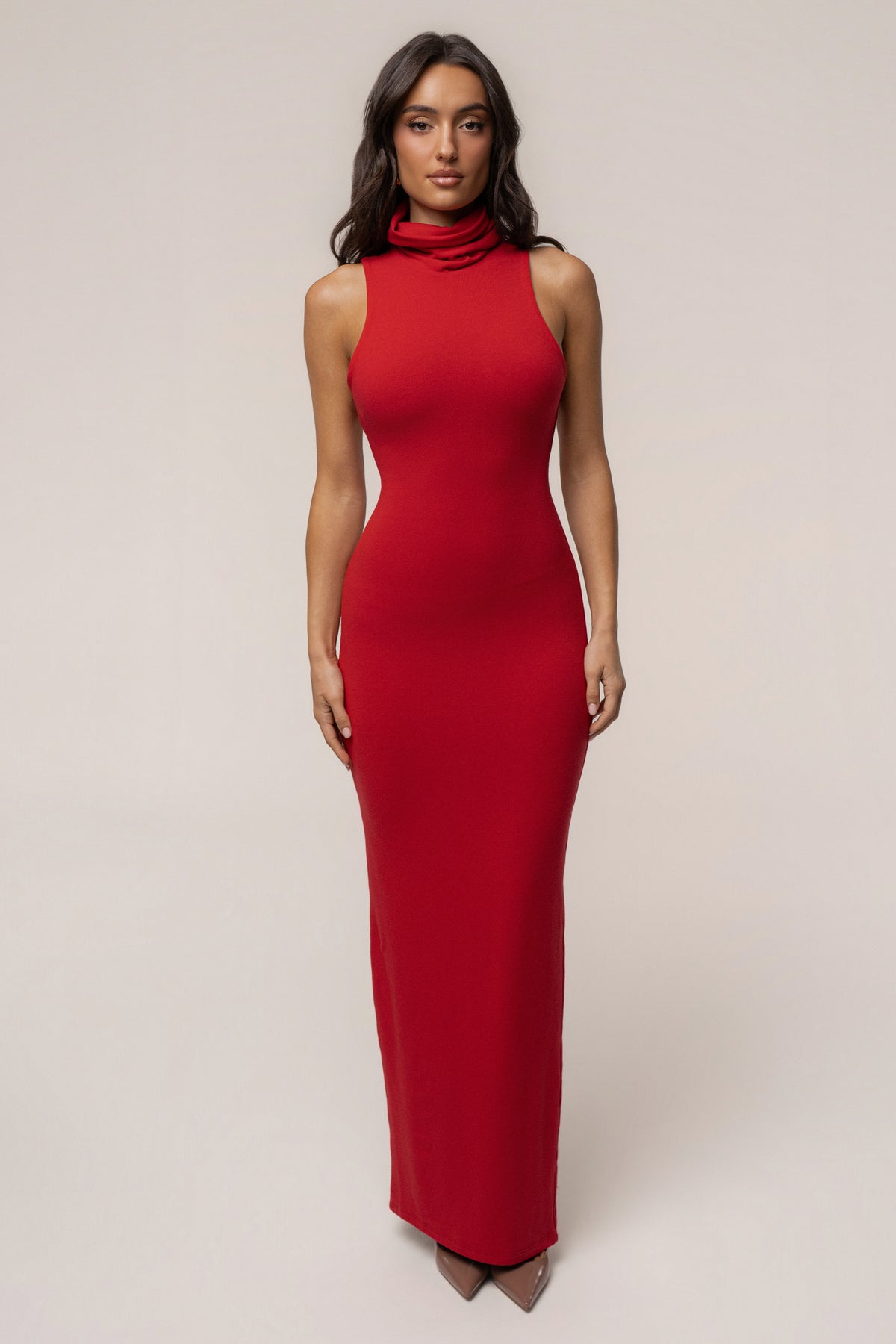 Red Classic Turtleneck Maxi Dress