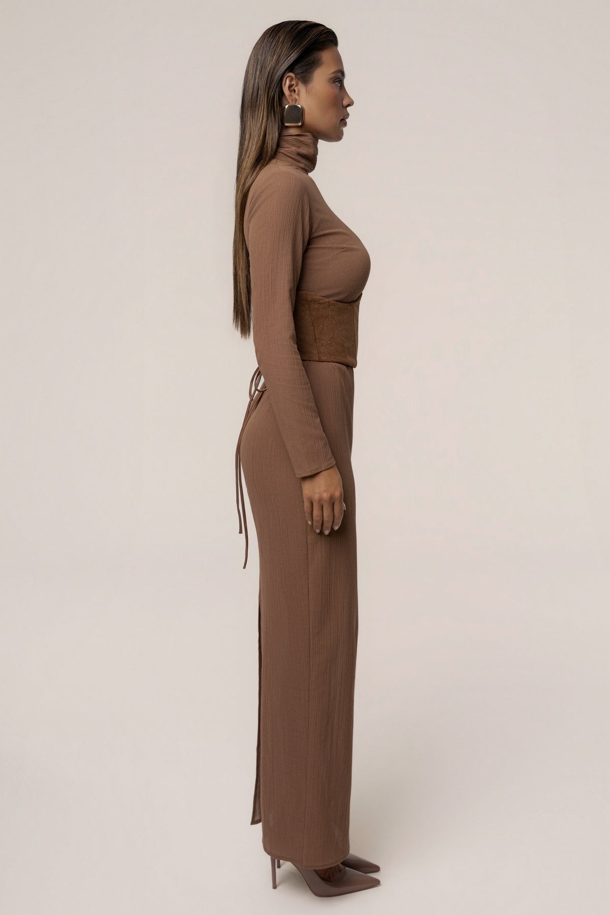 Pecan Hourglass Suede Maxi Dress