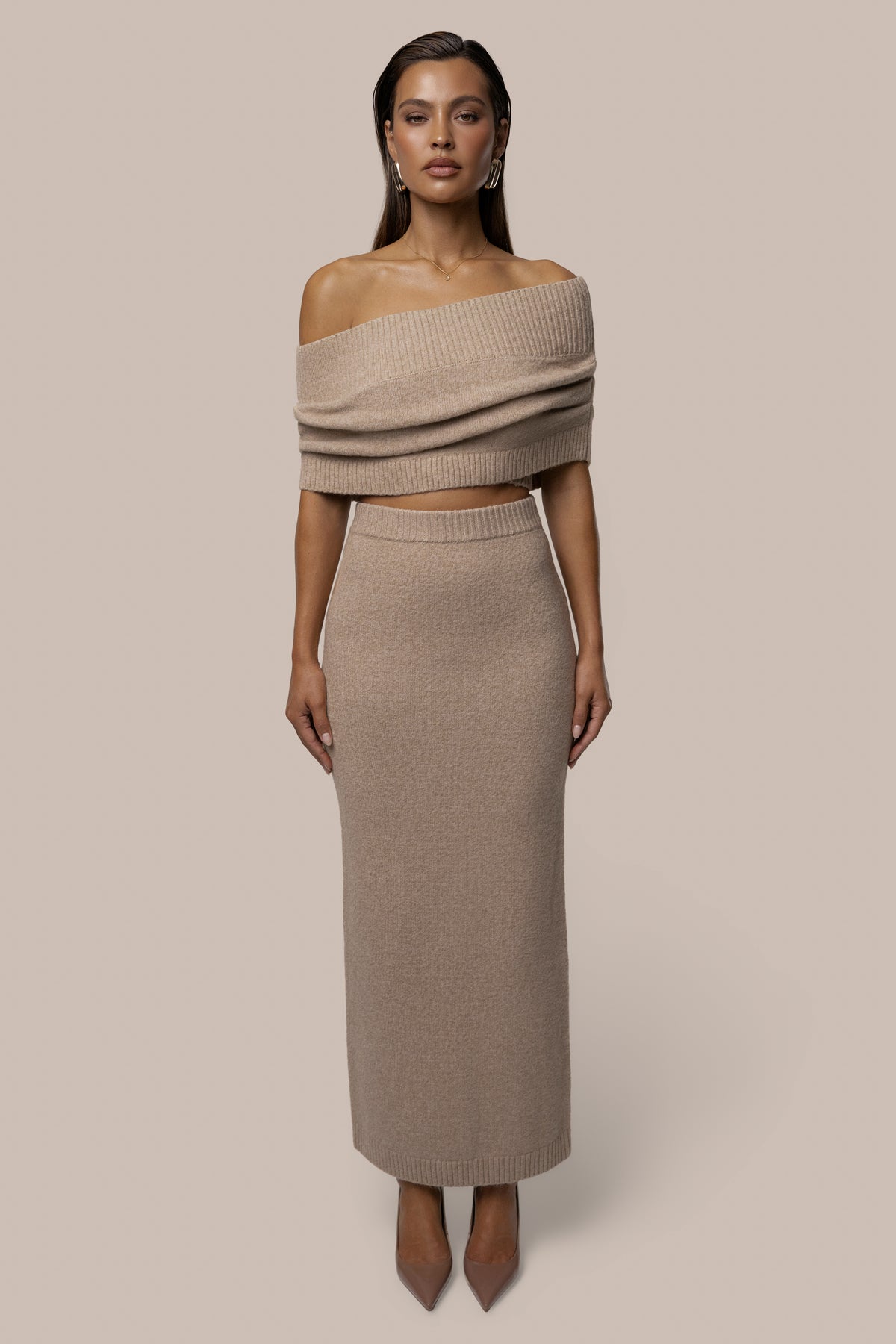 Heather Beige Raven Knit Skirt Set - JLUXLABEL