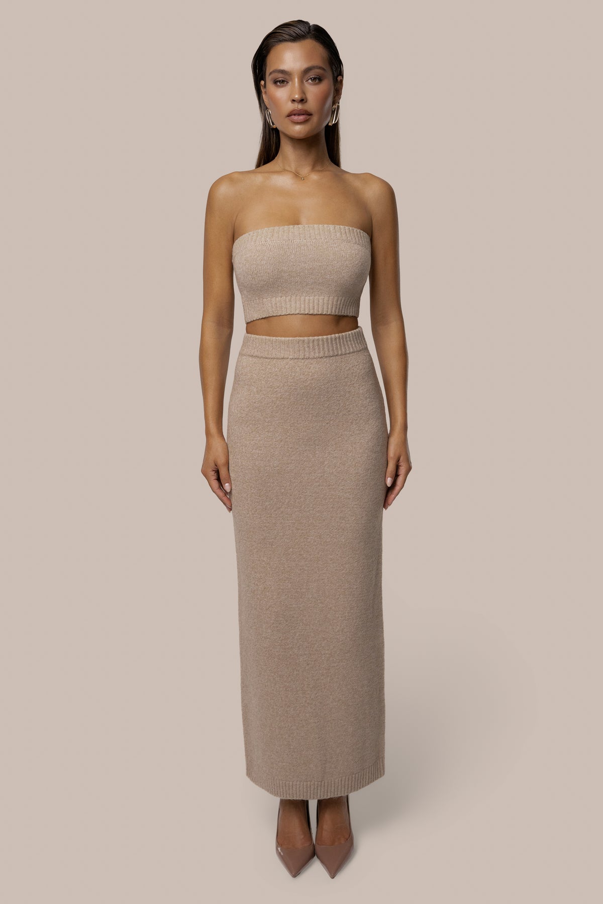 Heather Beige Raven Knit Skirt Set - JLUXLABEL