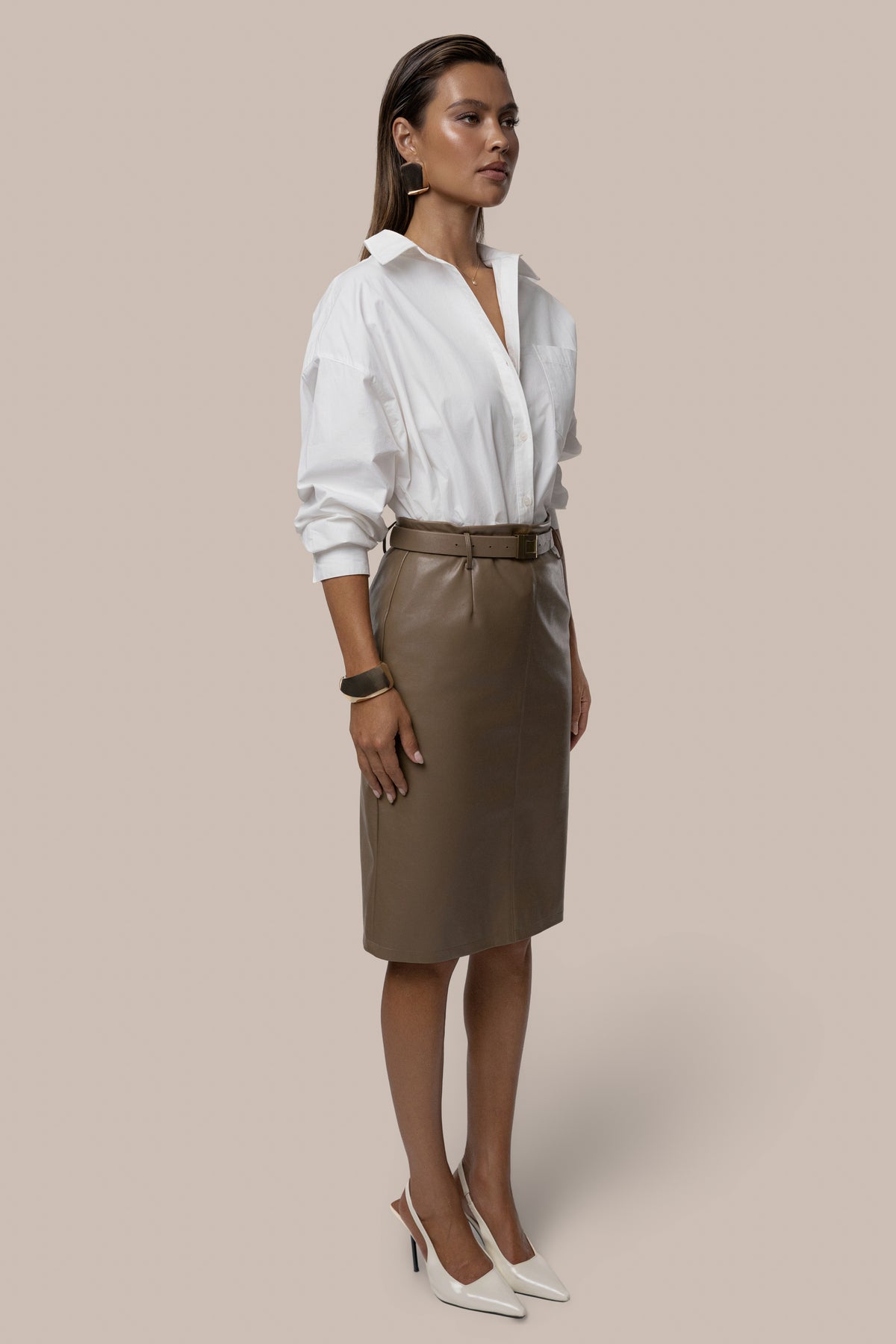 Taupe Belted Gia Midi Skirt - JLUXLABEL
