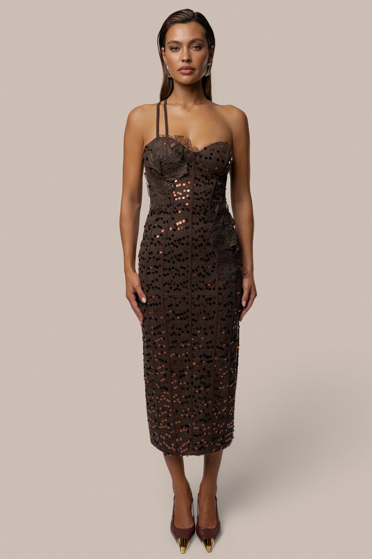 Brown Veil Of Petals Midi Dress - JLUXLABEL