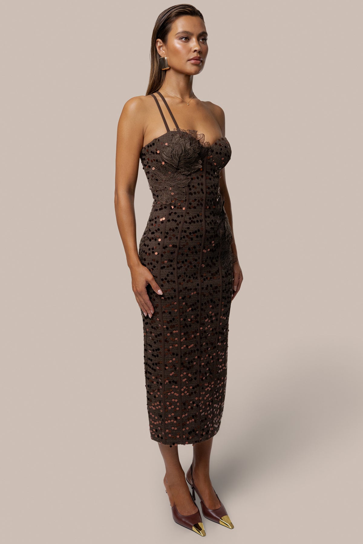 Brown Veil Of Petals Midi Dress - JLUXLABEL