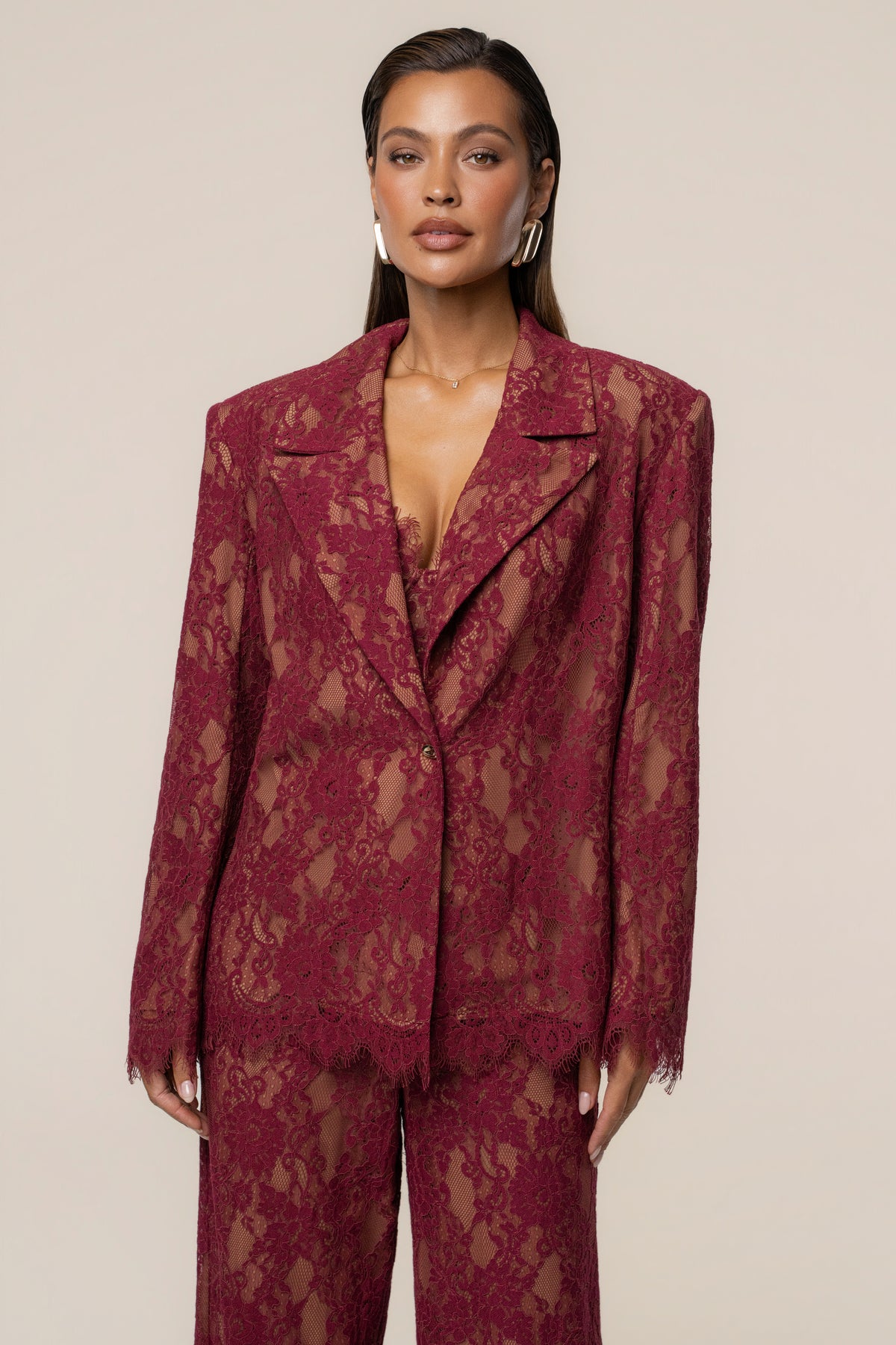 Burgundy Lace And Desire Blazer - JLUXLABEL