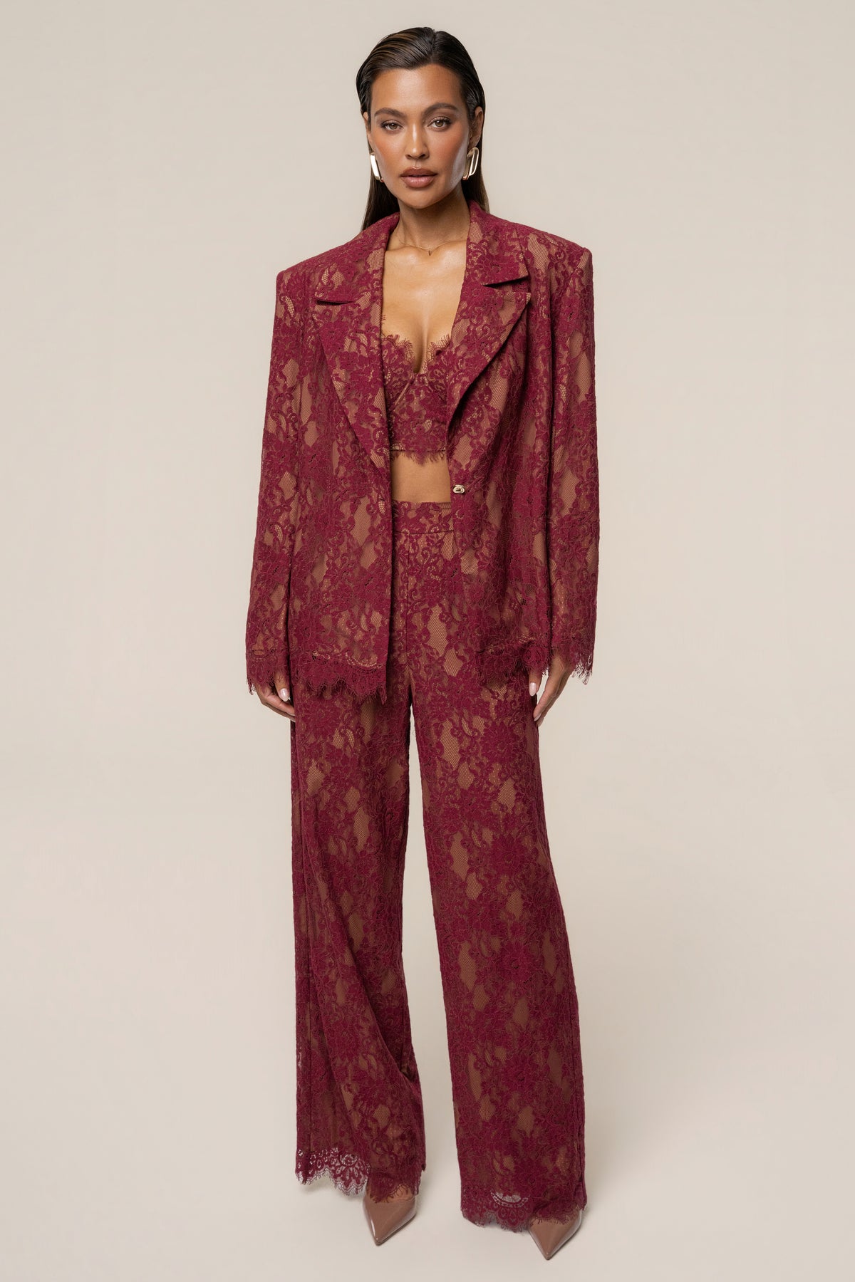 Burgundy Lace And Desire Blazer - JLUXLABEL