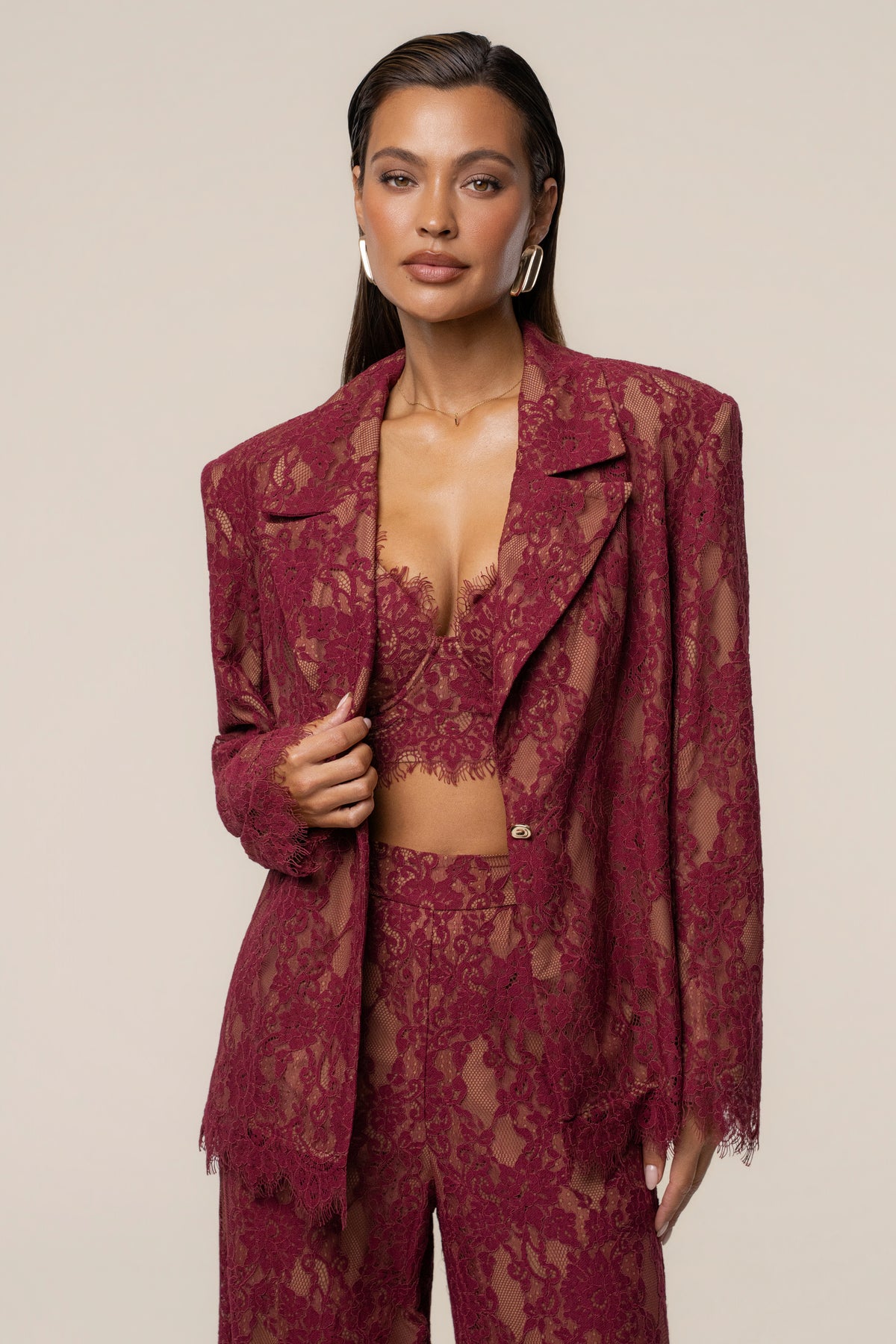 Burgundy Lace And Desire Blazer - JLUXLABEL